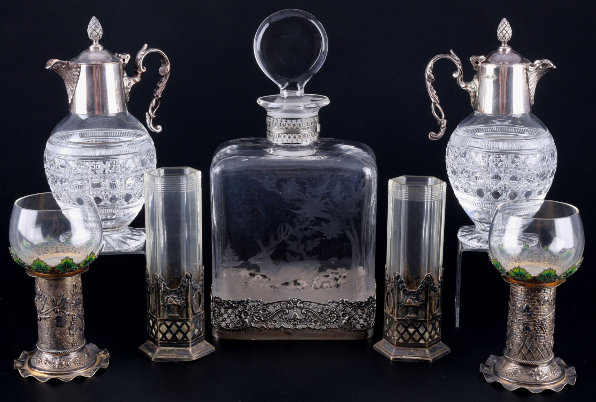 800 - 925 Silber 7-teiliges Konvolut, Kannen, Vasen, Gläser und Karaffe, decorative silver lot,