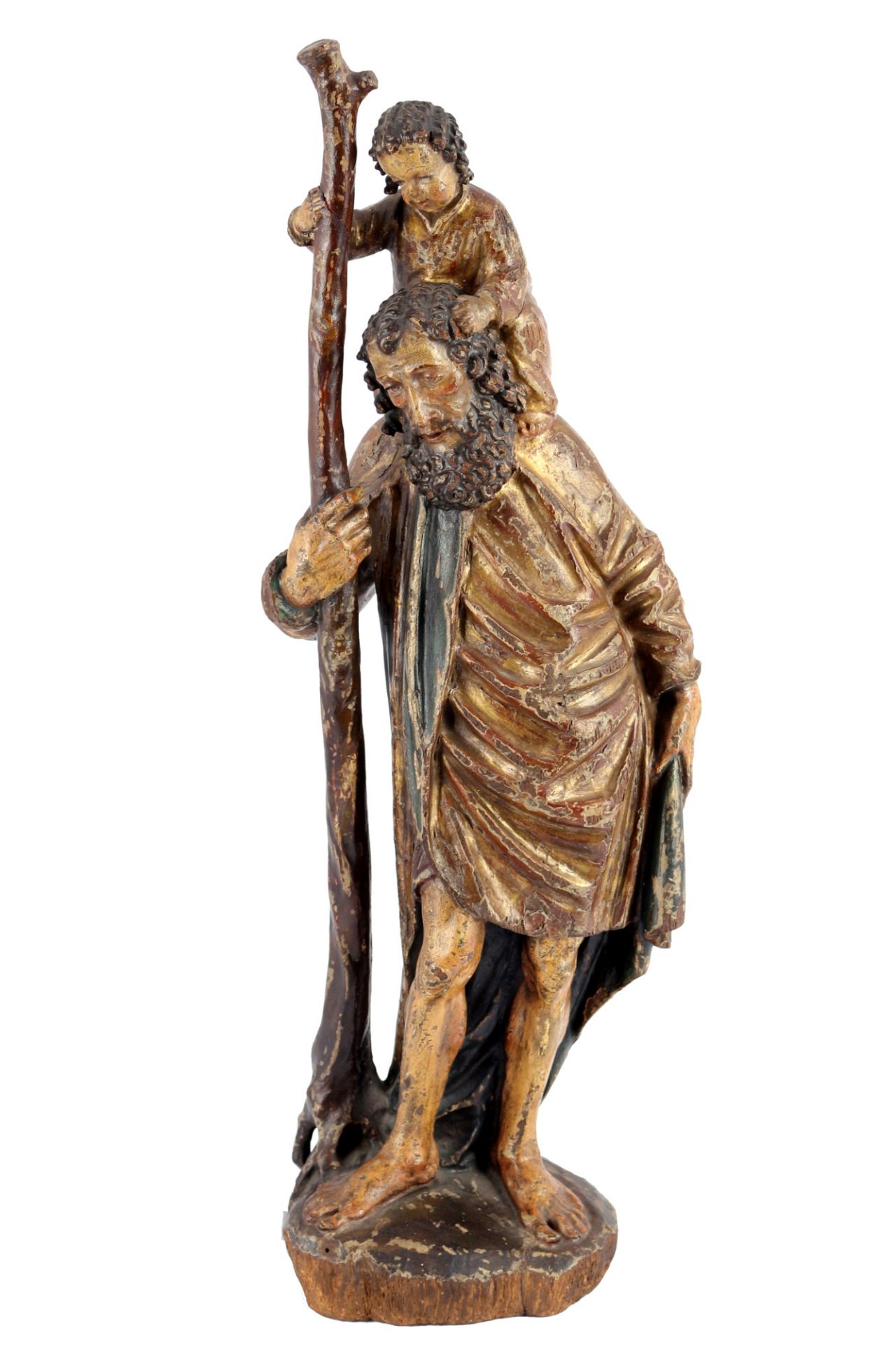 Heiligenfigur 18./19. Jahrhundert Heiliger Christophorus, Saint Christopher antique wooden sculptur