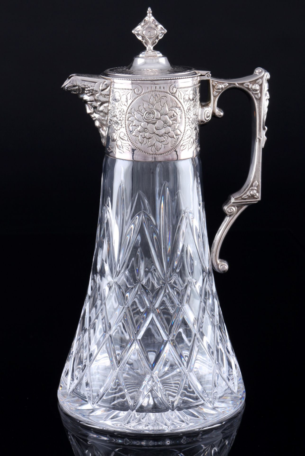 925 sterling silver crystal carafe with flower engraving, Silber Kristallkaraffe mit Jugendstildekor