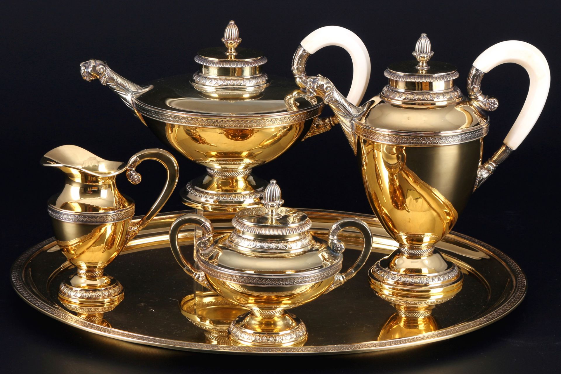 Bruckmann 925 sterling silver 5-piece coffee tea set, gilded, Silber Kaffee- & Teekern,