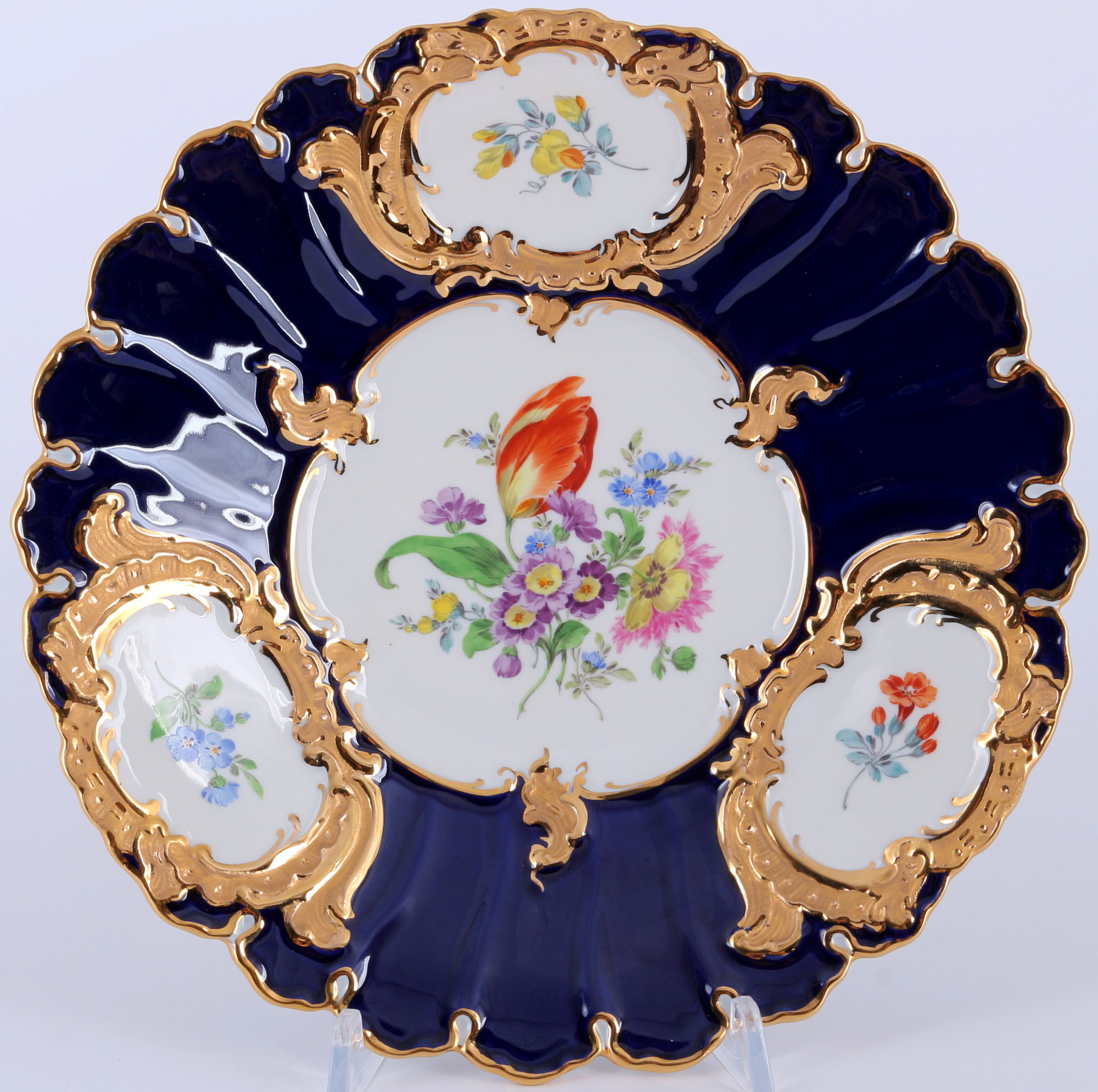 Meissen B-Form Flower Bouquet royal blue splendor plate 1st choice, Prunkteller 1.Wahl,