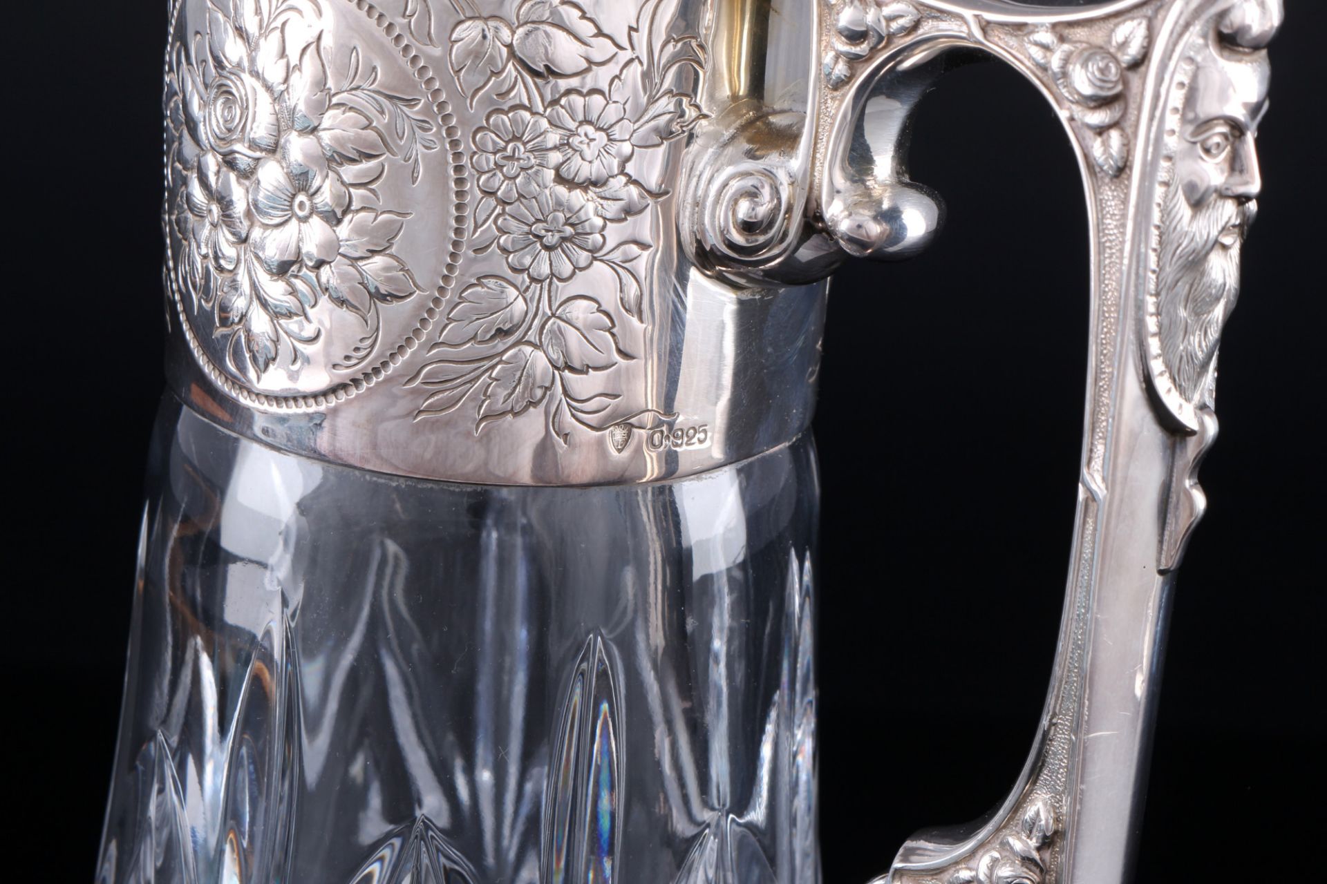 925 sterling silver crystal carafe with flower engraving, Silber Kristallkaraffe mit Jugendstildekor - Image 4 of 4