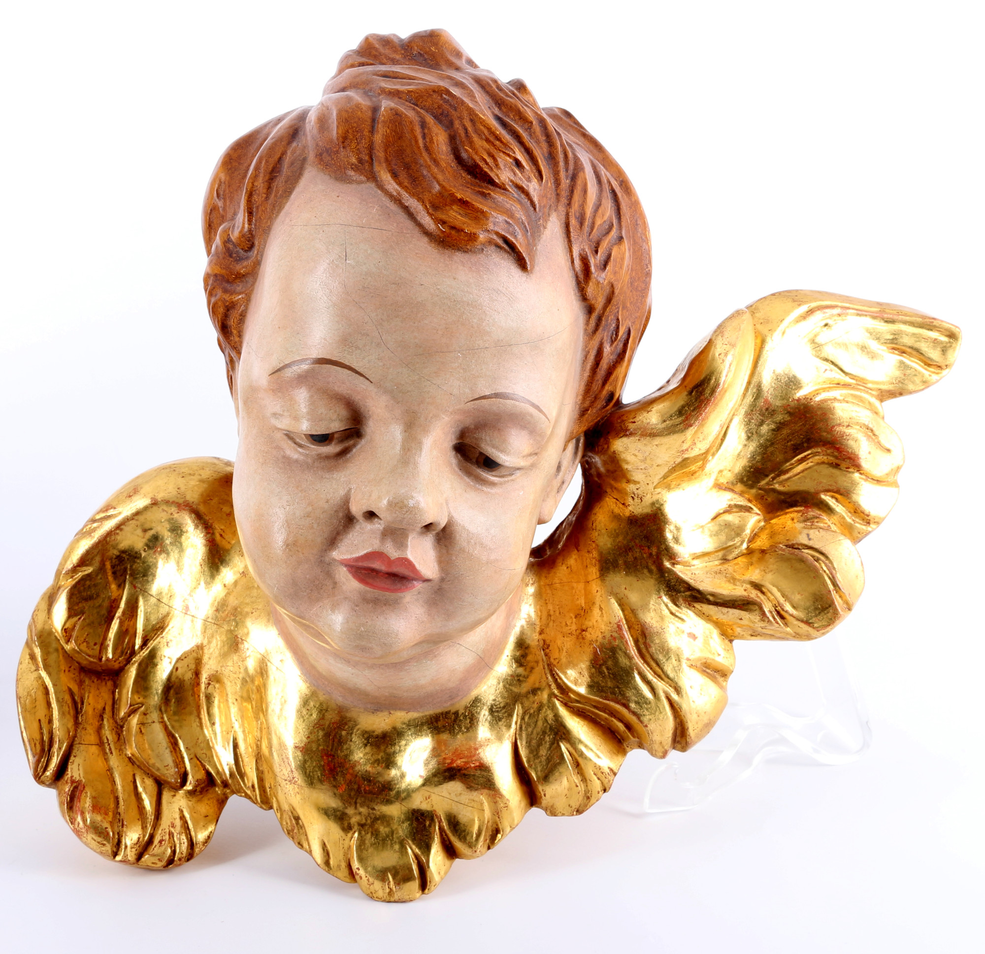 2 wooden figures of Saint Mary and cherub head, Holzskulpturen Heilige Madonna und Puttenkopf, - Image 3 of 4