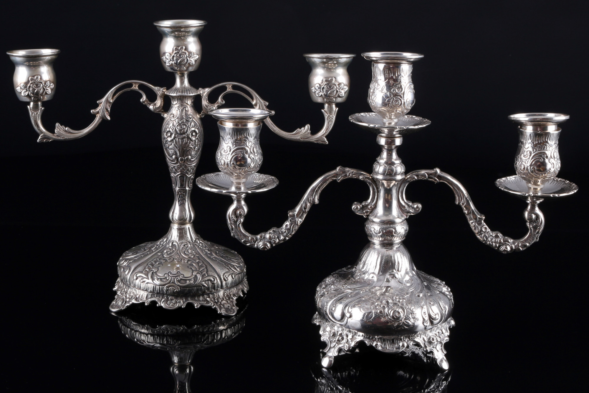 800 silver 2 candelabras with roses, 3-lights, Silber Kerzenständer,