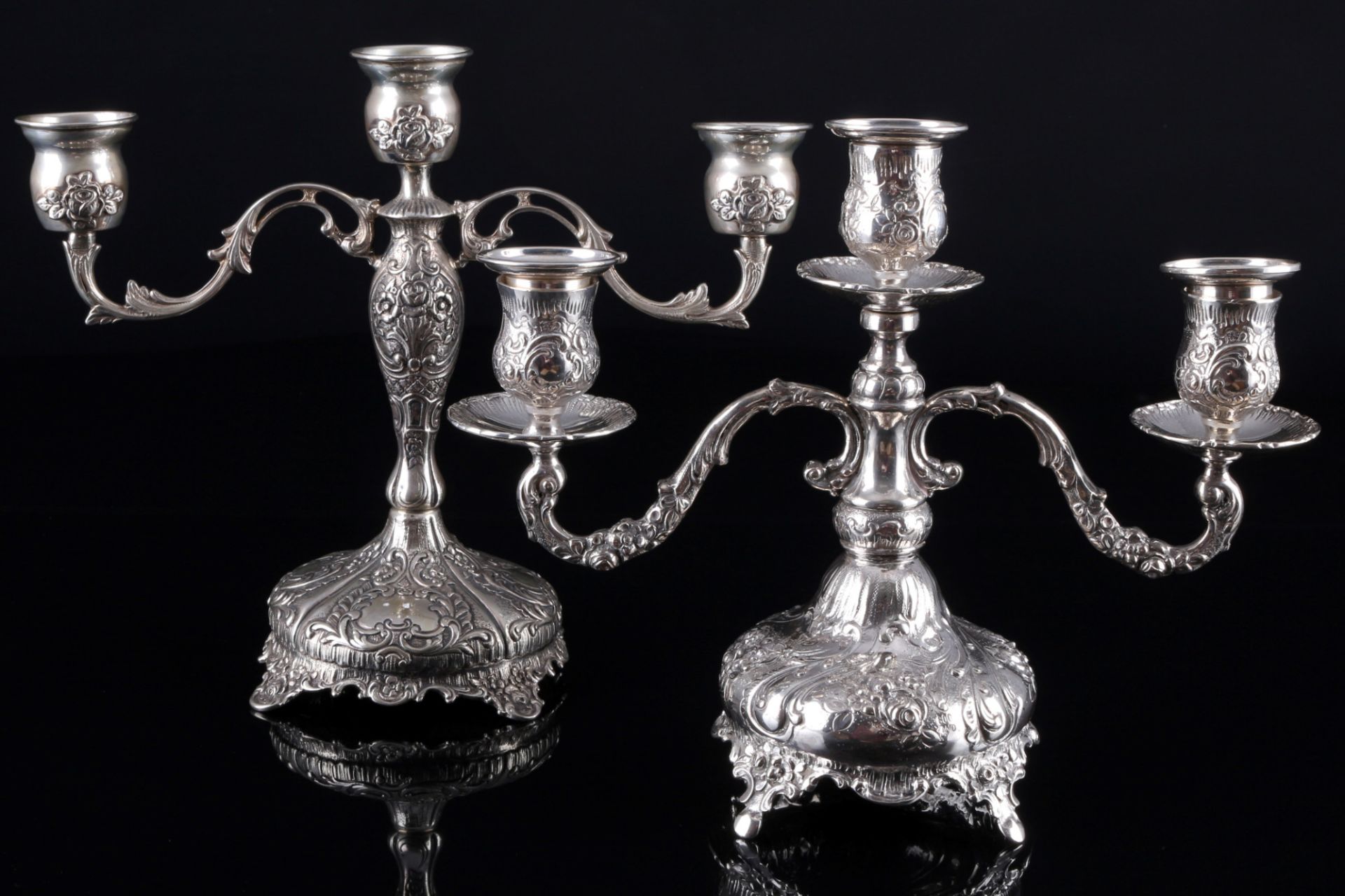 800 Silber 2 Kerzenständer mit Rosendekor, 3-flammig, silver candelabras,