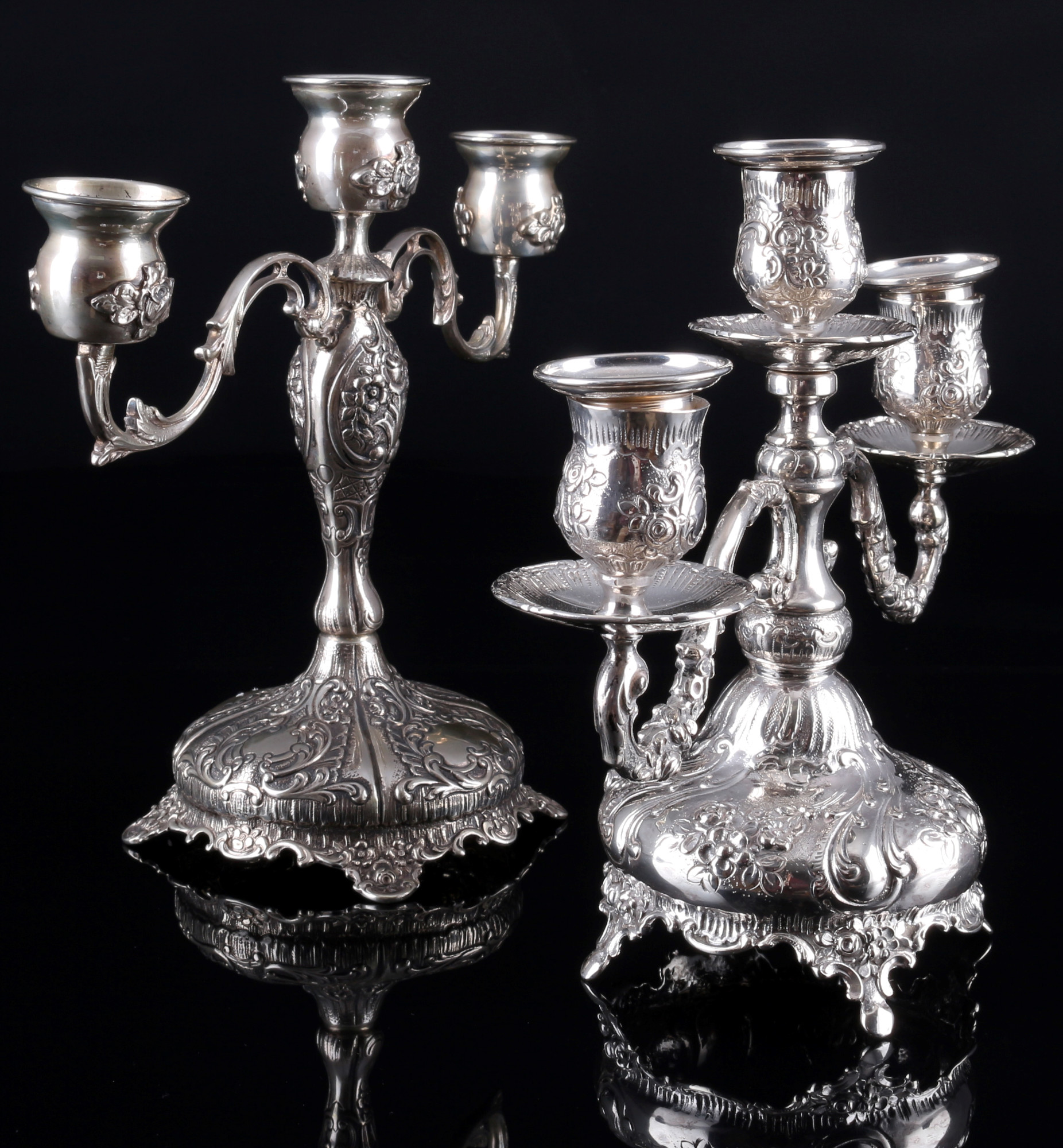 800 silver 2 candelabras with roses, 3-lights, Silber Kerzenständer, - Image 4 of 6