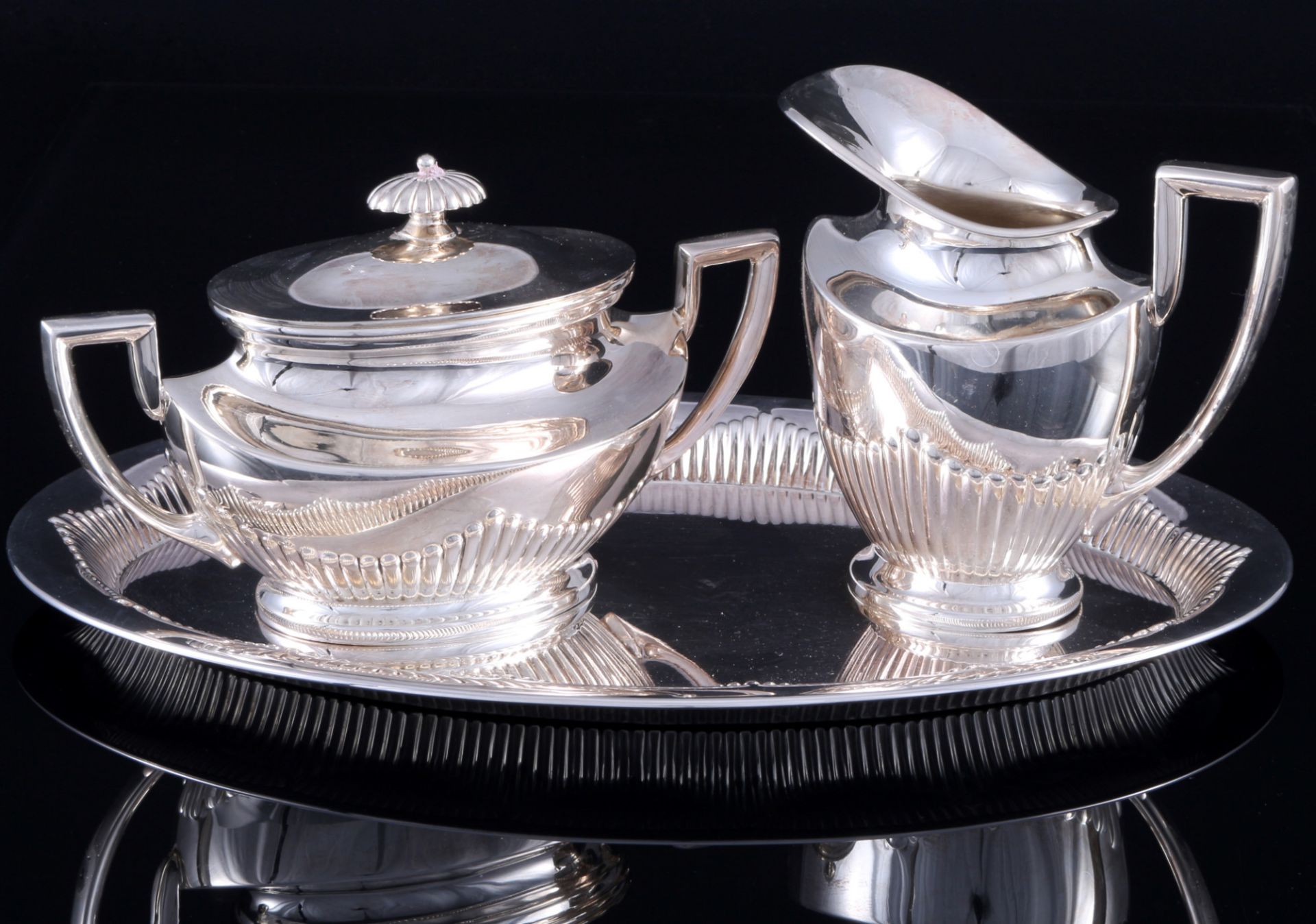 925 Silber Milchkanne und Zuckerschale Art Deco, Gebr. Kühn, silver milk pot and sugar cup with tray