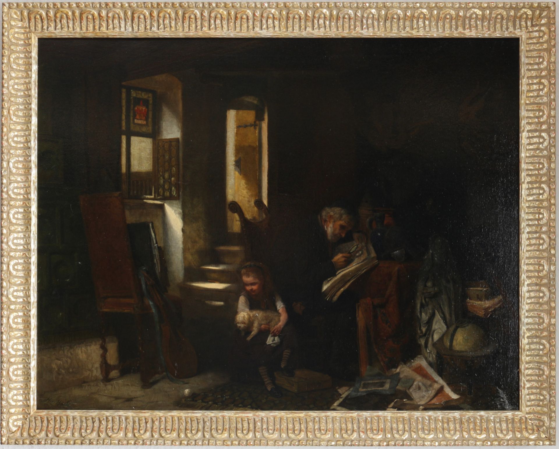 Hans Hösch (1855-1902) Interieur mit Gelehrten und Mädchen mit Hund 1876, Interior with scholars and - Bild 2 aus 4