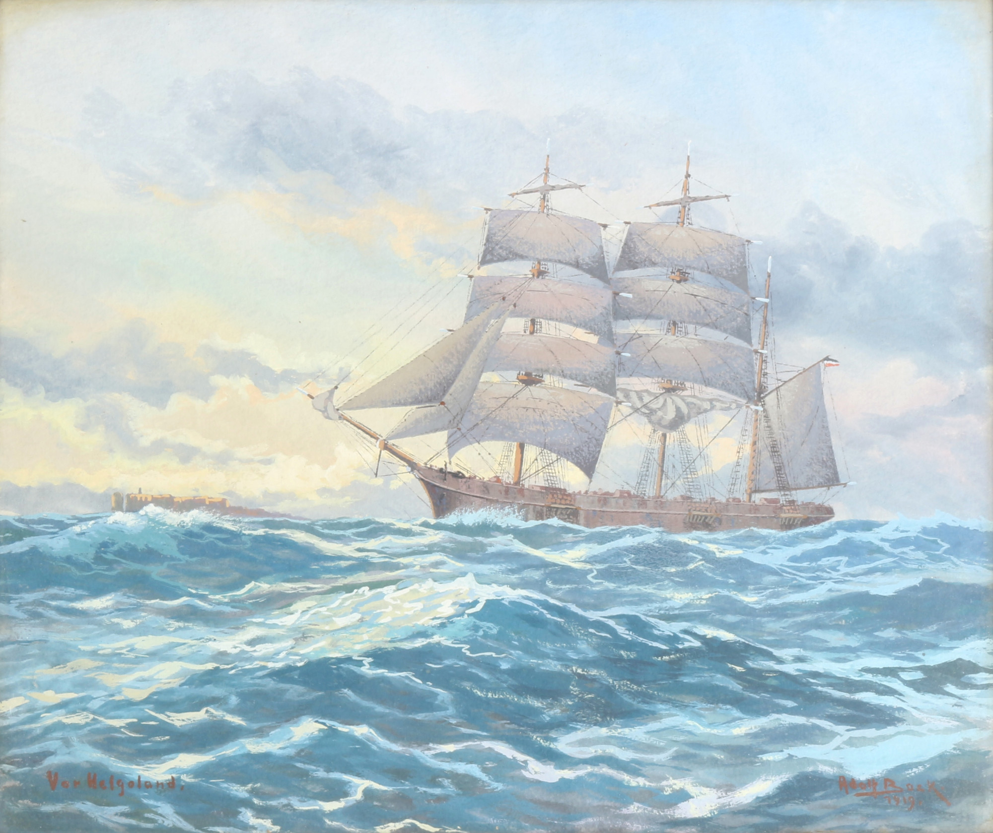 Adolf Bock (1890-1968) sailing ship in front of Heligoland, Dreimaster vor Helgoland,