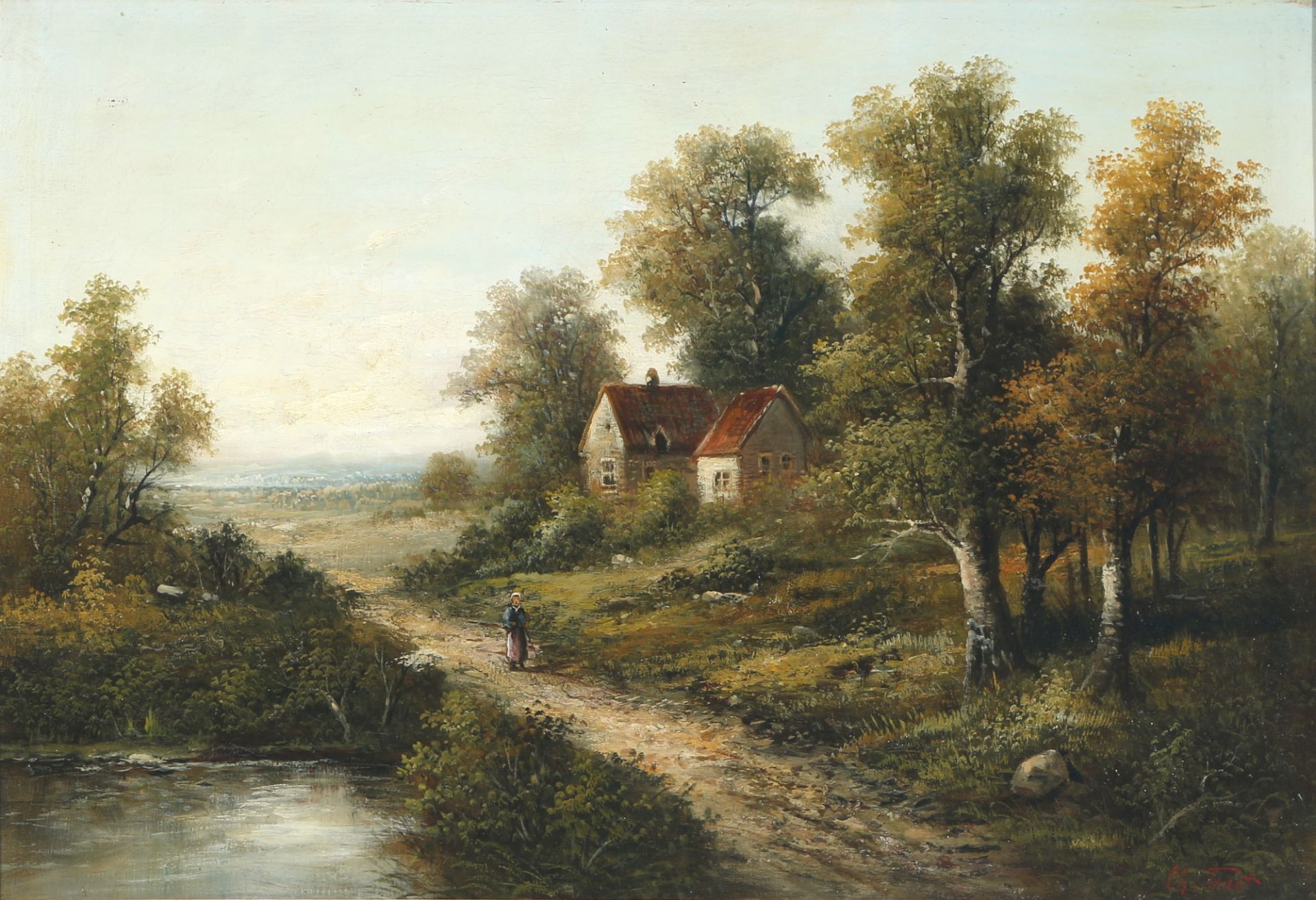 Ch. Tenot, 19. Jahrhundert Waldlandschaft mit Hütten, forest landscape with forest cabin,