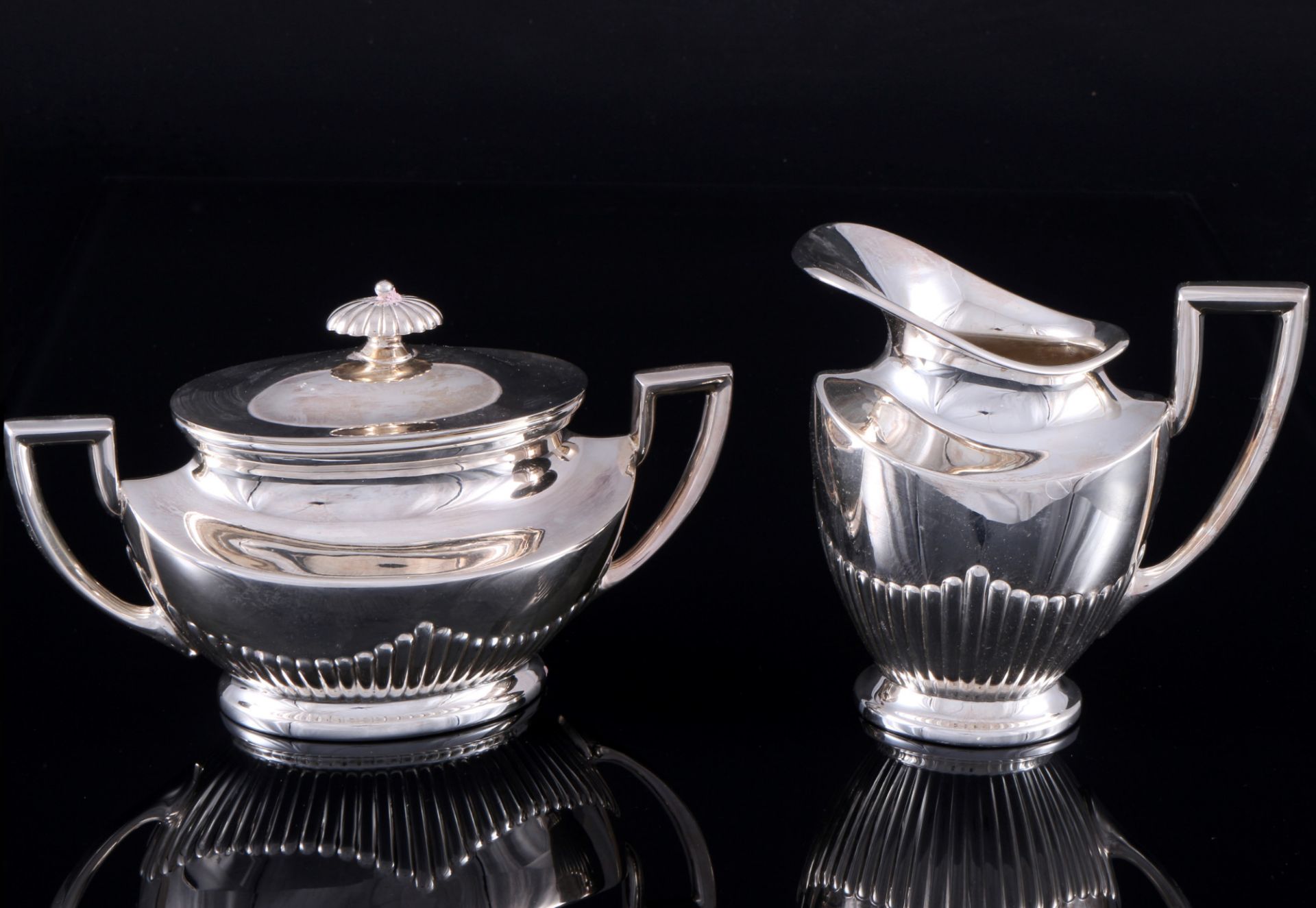 925 Silber Milchkanne und Zuckerschale Art Deco, Gebr. Kühn, silver milk pot and sugar cup with tray - Bild 2 aus 4