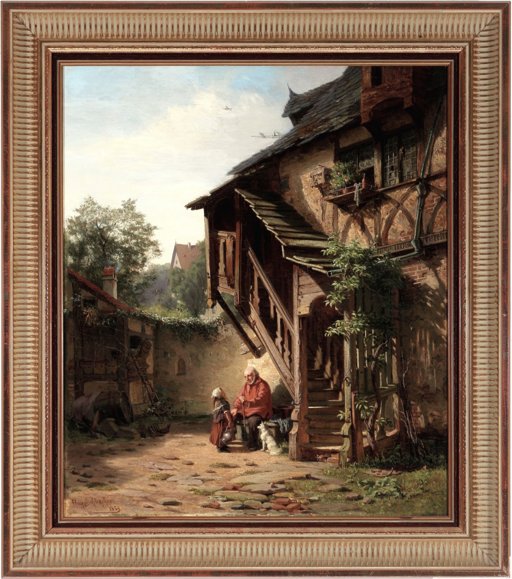 August Eduard Schliecker (1833-1911) courtyard scenery with grandfather and granddaughter, Hofszener - Image 2 of 4