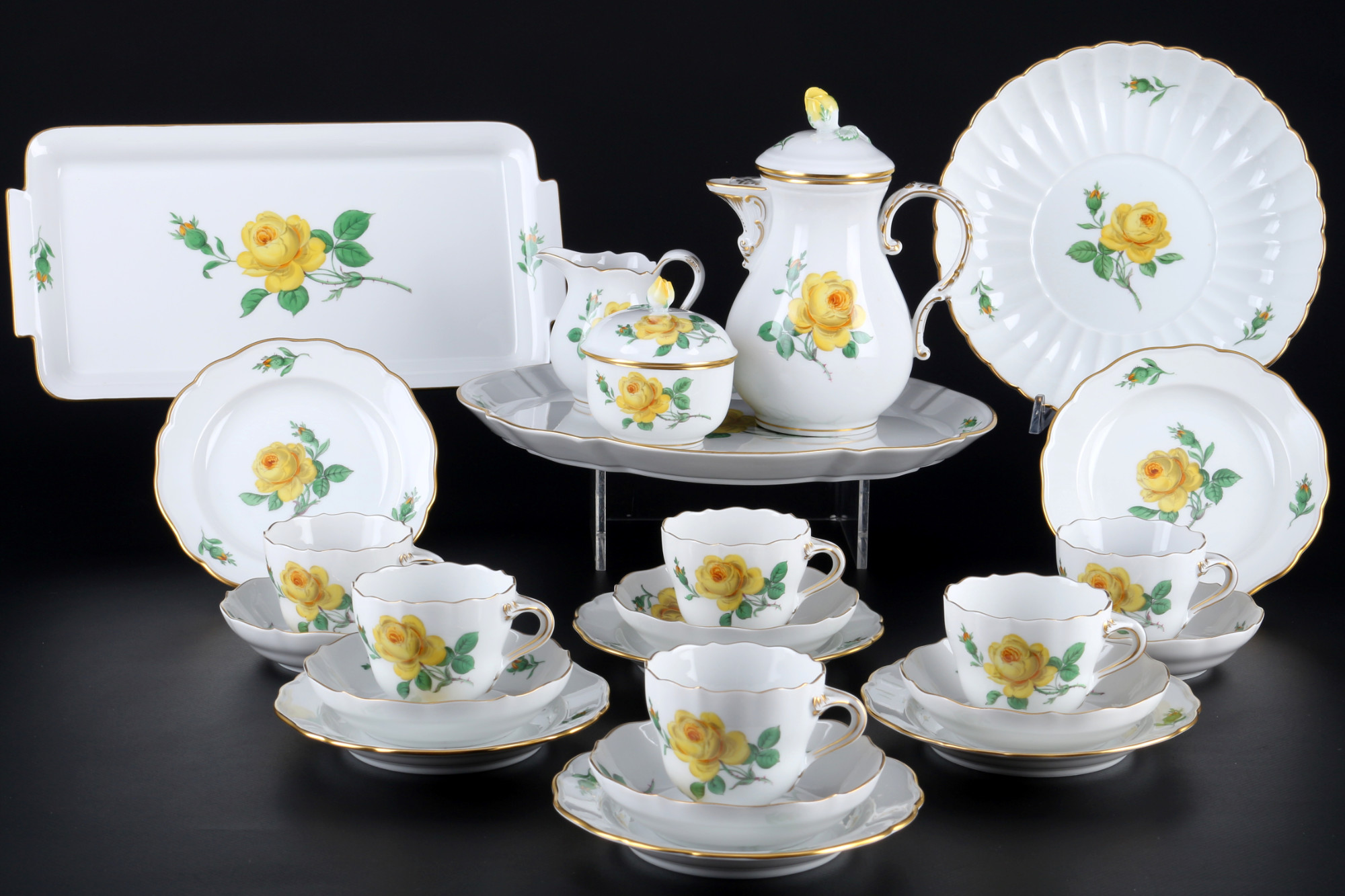 Meissen Yellow Rose mocha coffee service for 6 persons, Mokkaservice für 6 Personen,