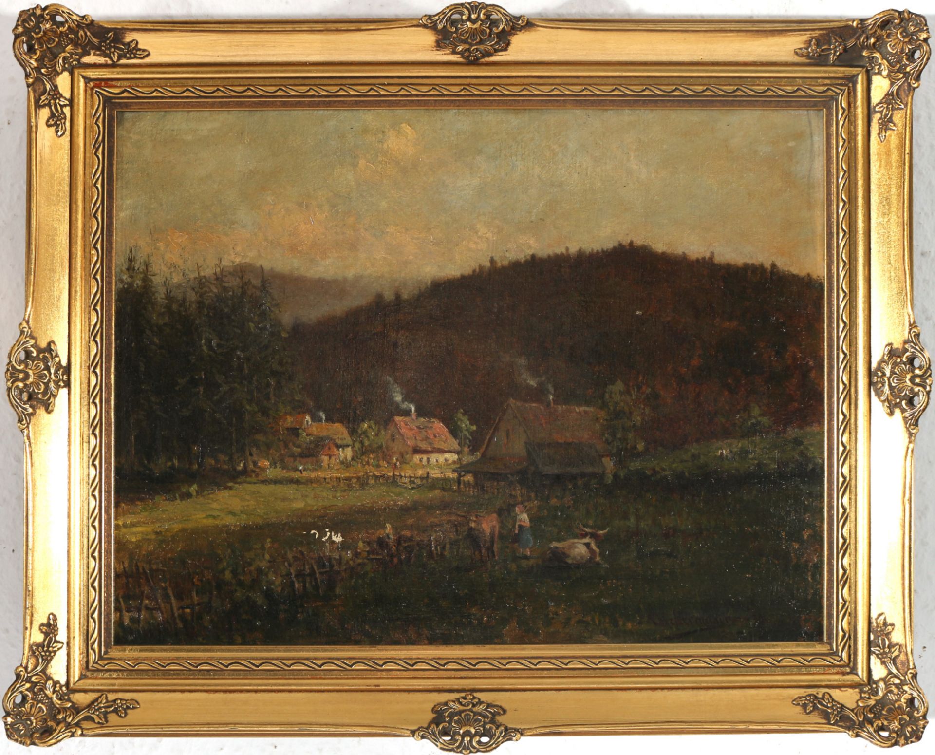 O. Ackermann 19. Jahrhundert Weidelandschaft mit Gehöft, pasture landscape with farmstead, - Bild 2 aus 4