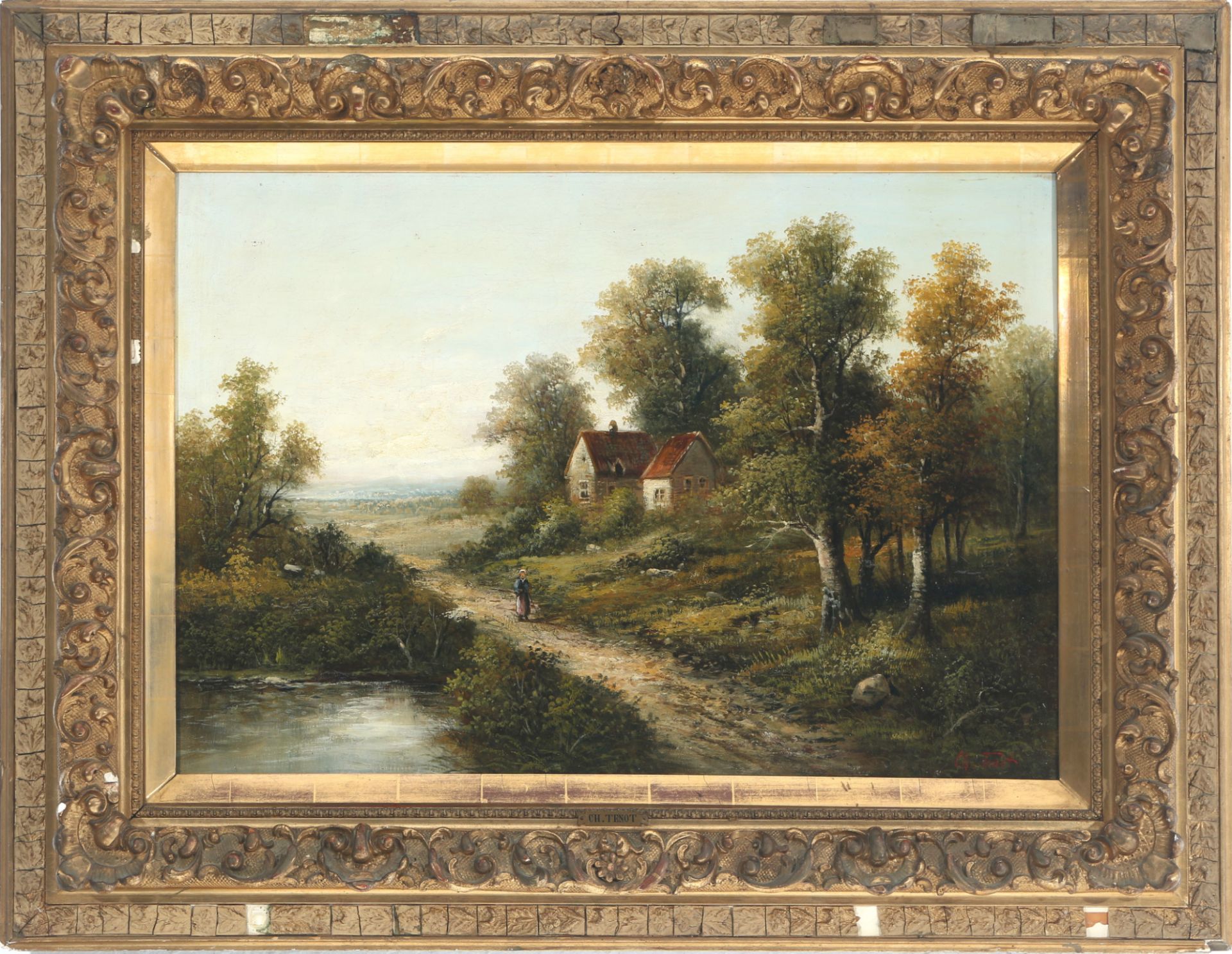 Ch. Tenot, 19. Jahrhundert Waldlandschaft mit Hütten, forest landscape with forest cabin, - Bild 2 aus 4