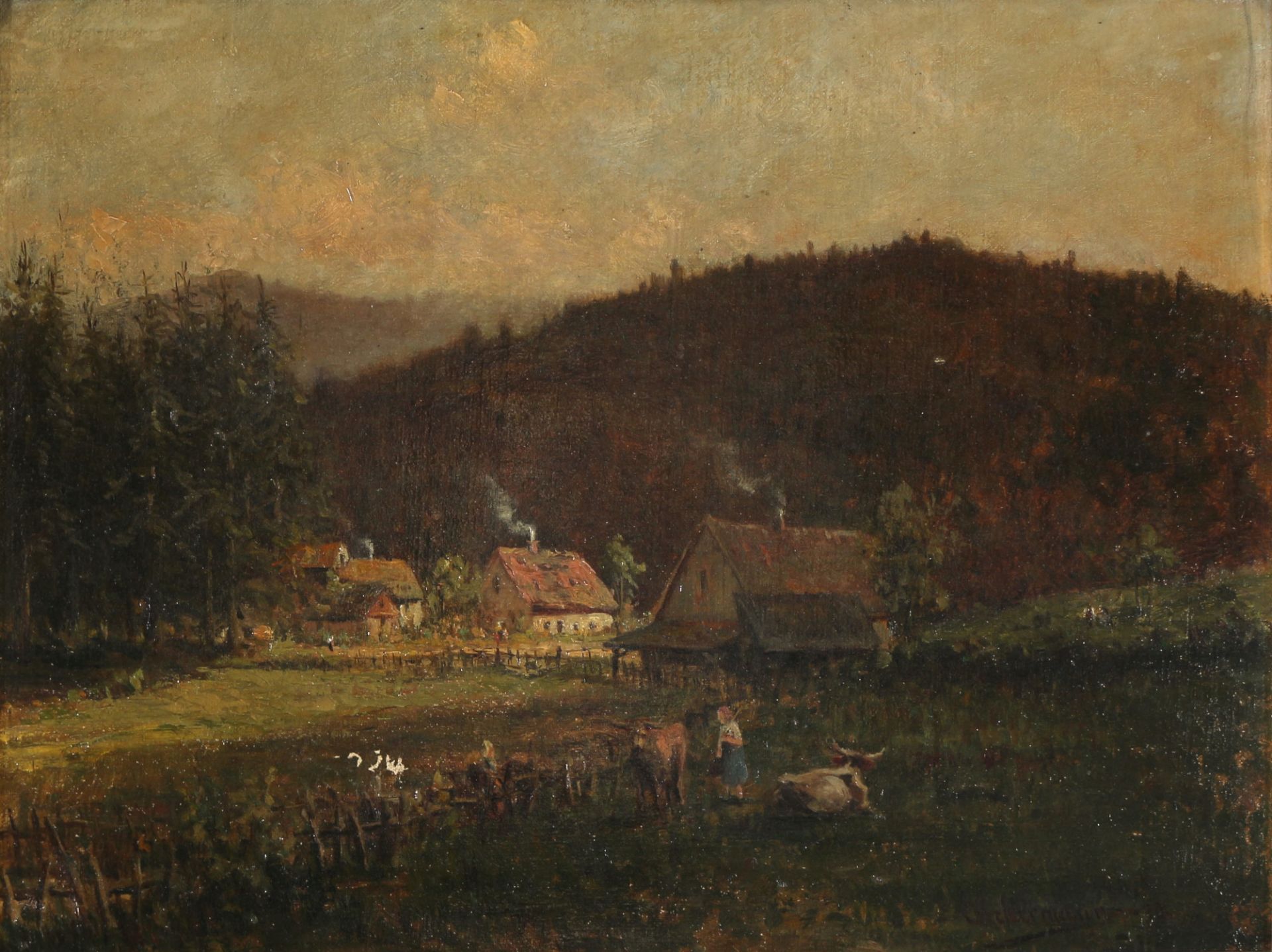 O. Ackermann 19. Jahrhundert Weidelandschaft mit Gehöft, pasture landscape with farmstead,