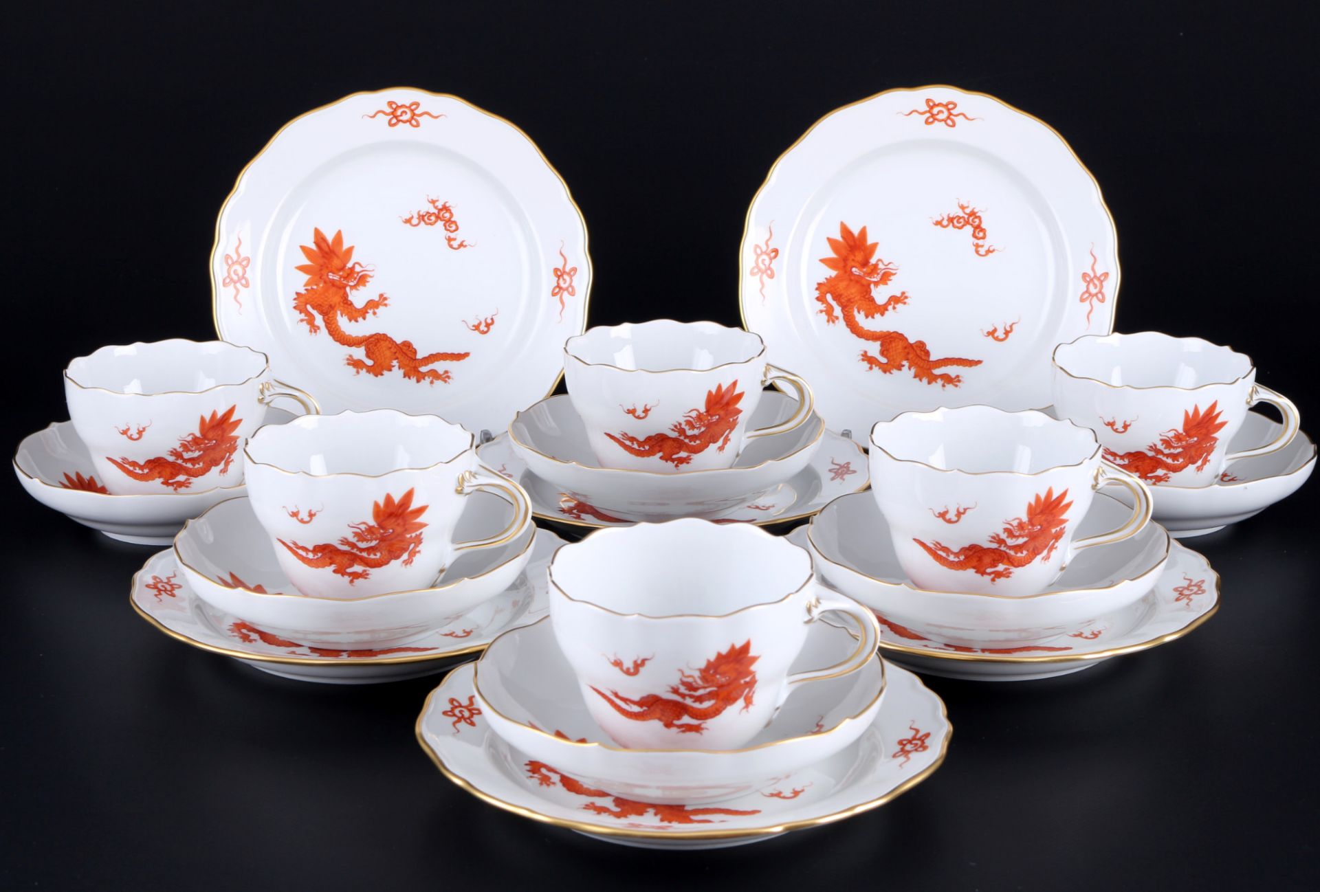 Meissen Red Ming-Dragon 6 coffee cups with dessert plates 1st choice, Kaffeegedecke 1.Wahl,