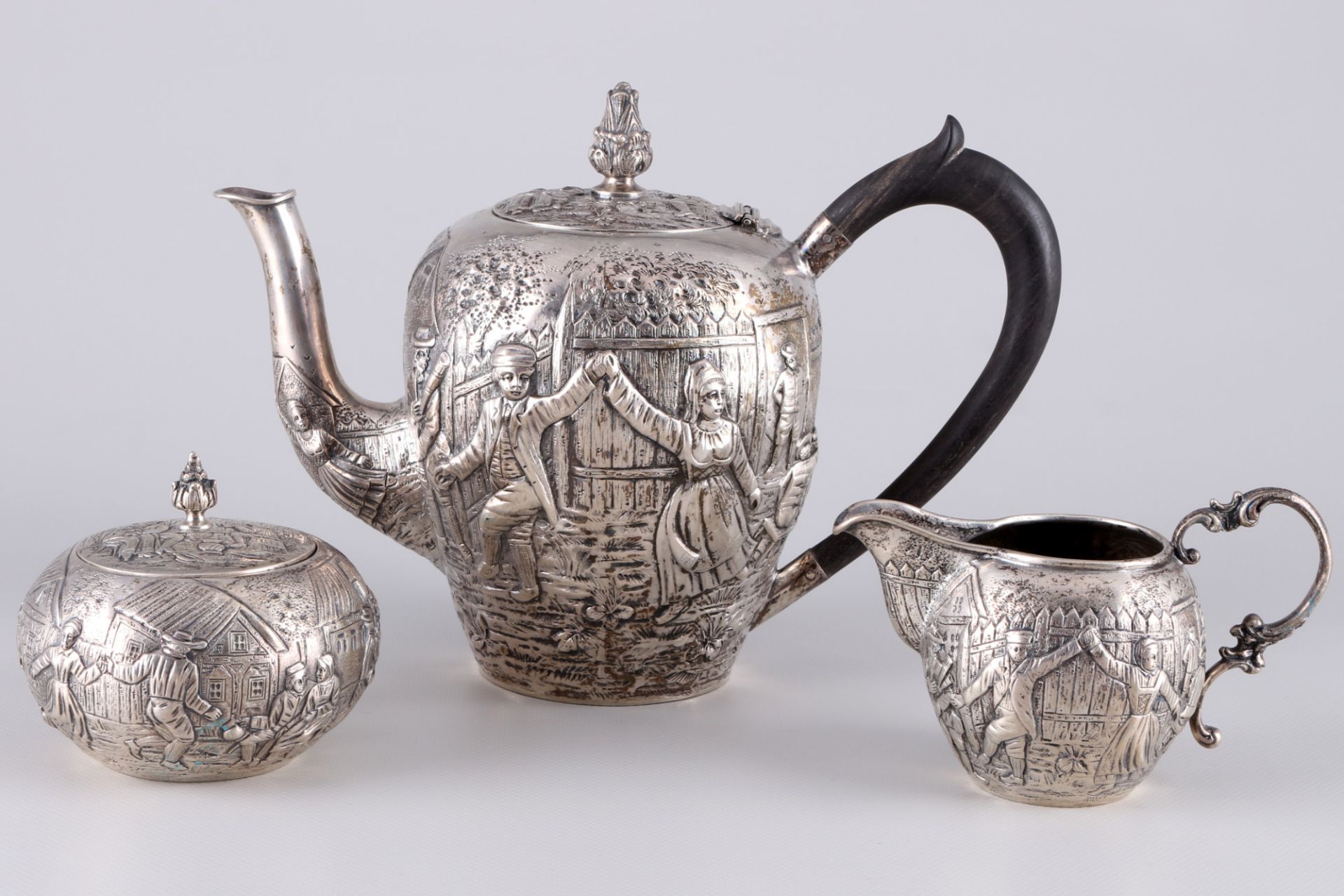 Ludwig Neresheimer 800 silver coffee set with dancing scenery, Silber Kaffeekern mit Tanzszenerie,