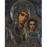 Russland Ikone mit 84 Zolotniki Silberoklad Gottesmutter mit Christuskind 19. Jahrhundert, russian i