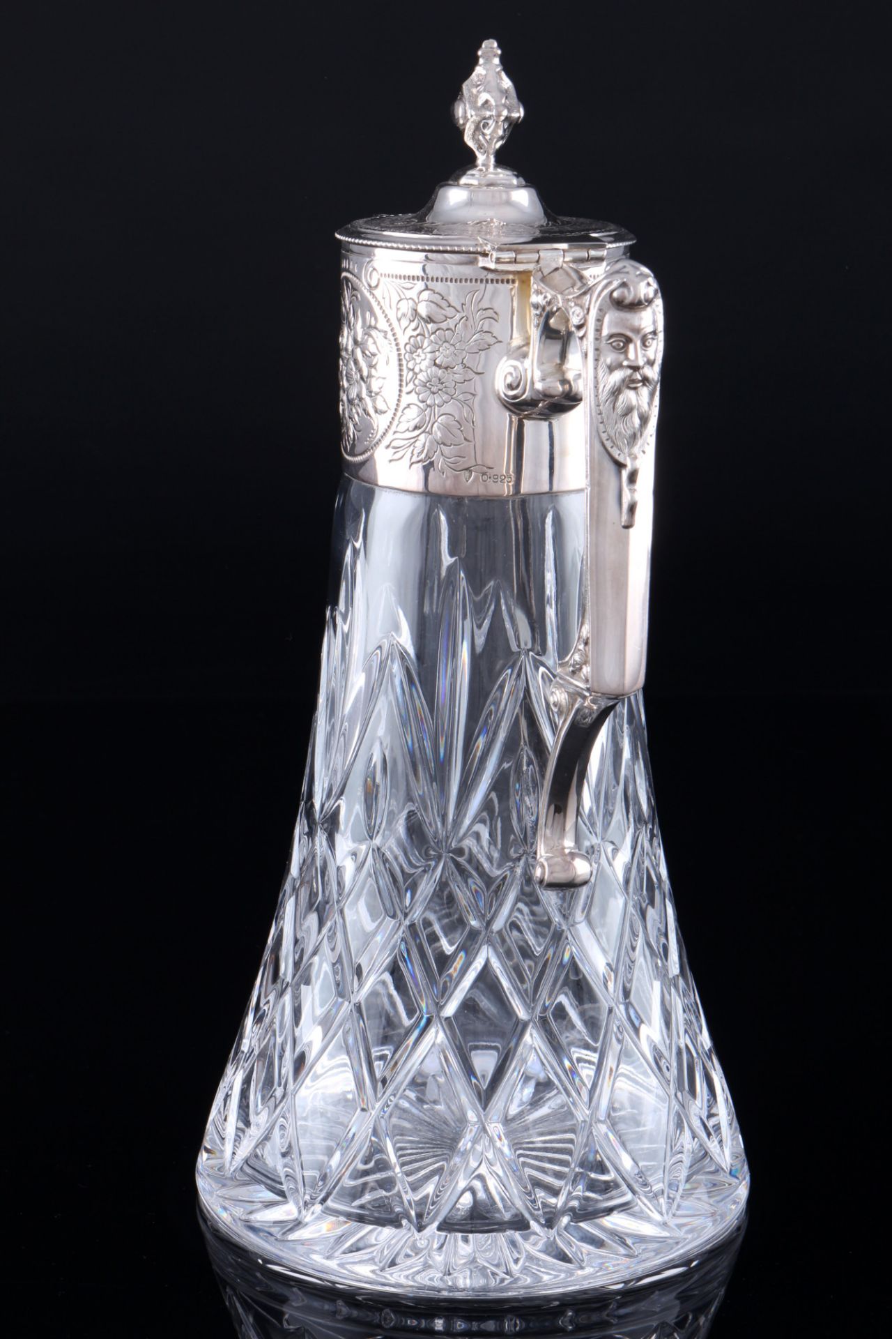 925 sterling silver crystal carafe with flower engraving, Silber Kristallkaraffe mit Jugendstildekor - Image 2 of 4