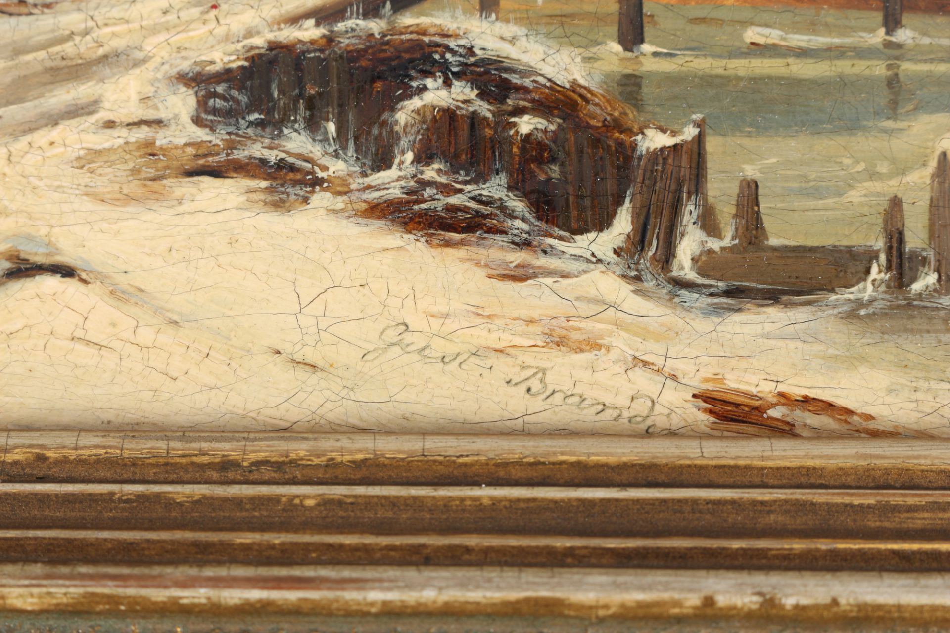 Gustav Brandin (19. Jhd.) Verschneiter Wintertag mit Burgansicht 1847, Snowy winter day with a view  - Bild 3 aus 4