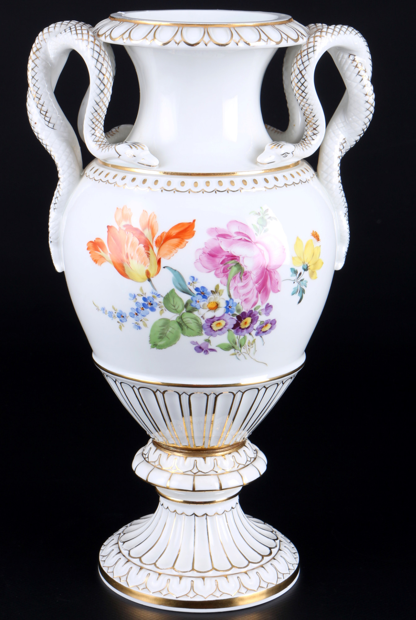 Meissen Flower Bouquet snake handle vase 1st choice, Schlangenhenkelvase kobaltblau 1.Wahl,