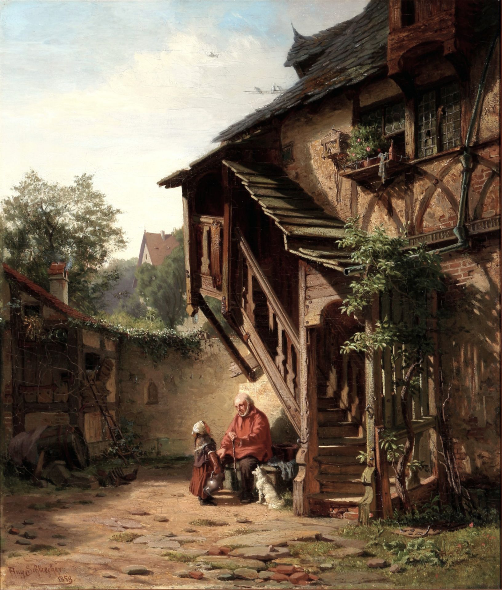 August Eduard Schliecker (1833-1911) courtyard scenery with grandfather and granddaughter, Hofszener
