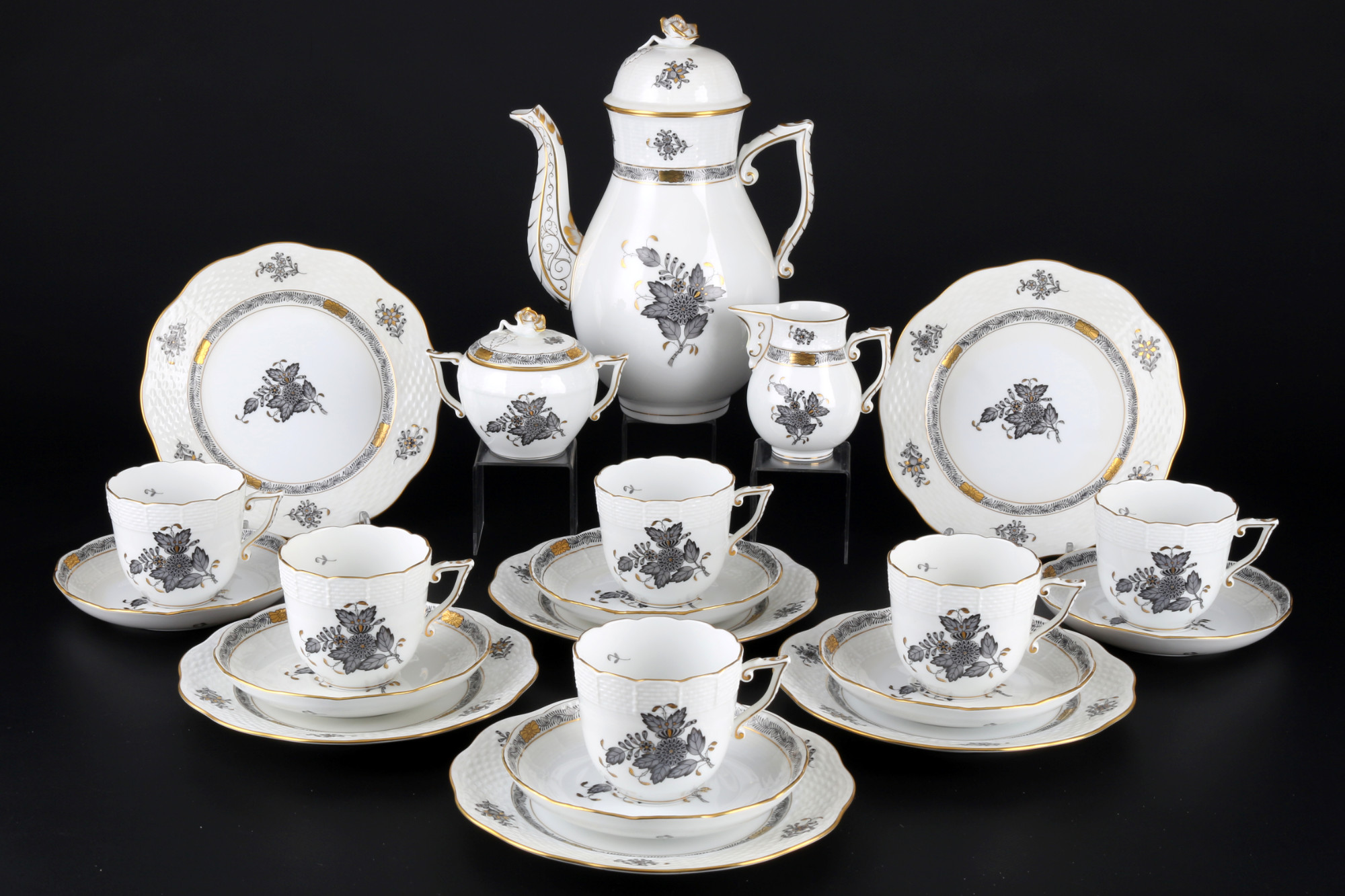 Herend Apponyi Grey coffee service for 6 persons, Kaffeeservice für 6 Personen,
