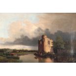 Unbekannter Maler 19. Jahrhundert idyllische Flusslandschaft mit Fischern und Burgruine, Unknown