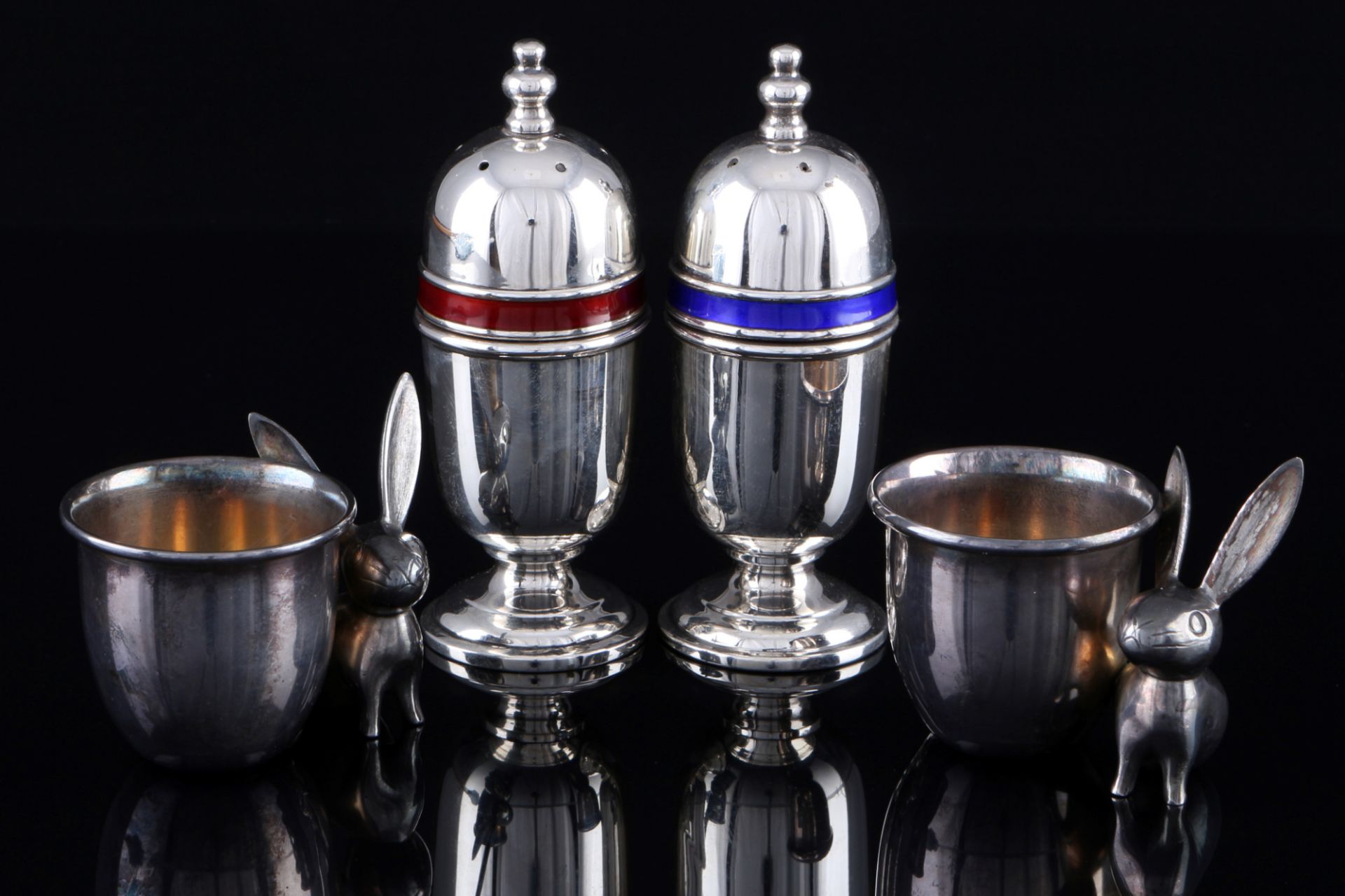925 Silber Salz- & Pfefferstreuer mit 2 Hasen-Eierbechern, sterling silver salt and pepper shaker wi