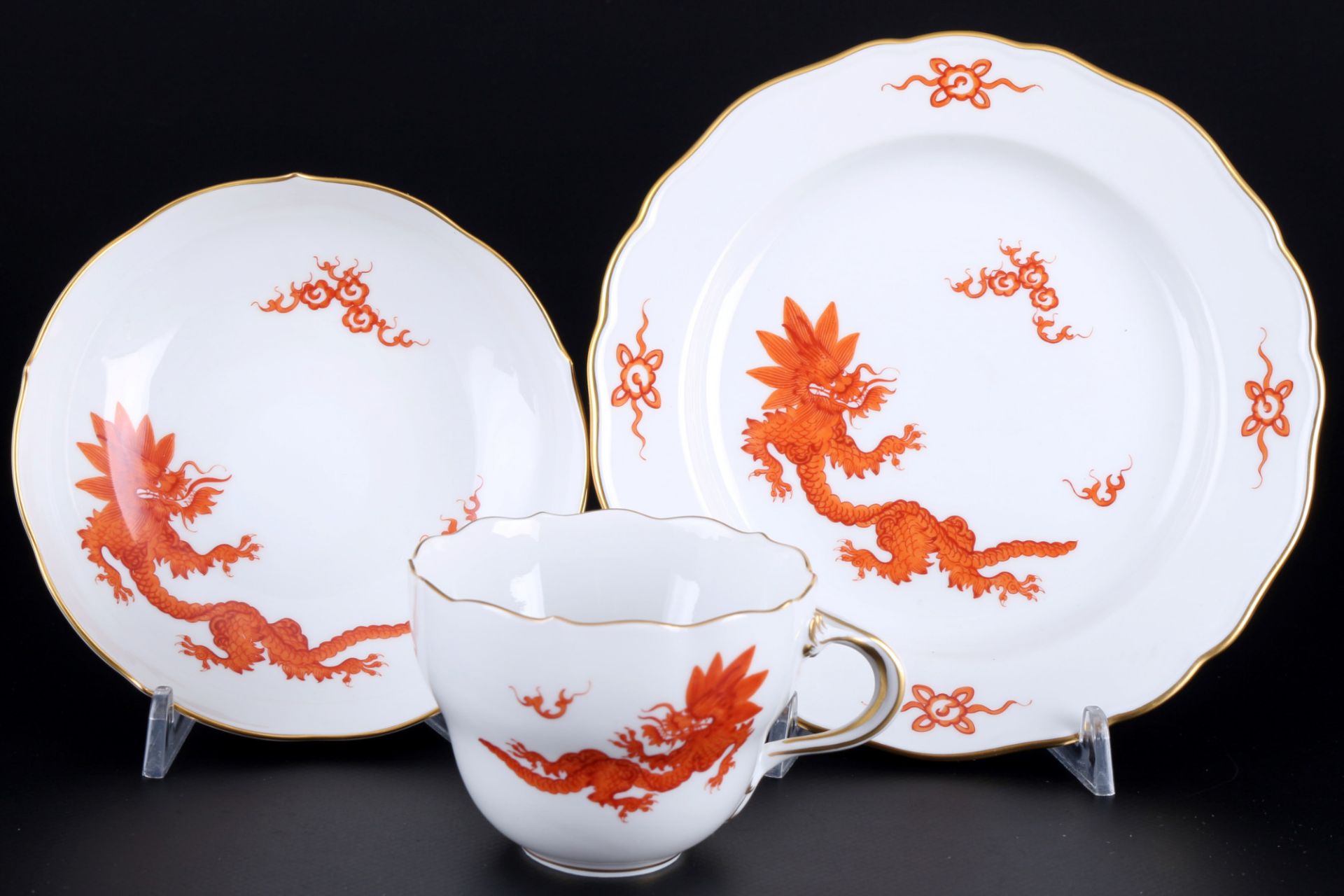Meissen Red Ming-Dragon 6 coffee cups with dessert plates 1st choice, Kaffeegedecke 1.Wahl, - Image 2 of 3