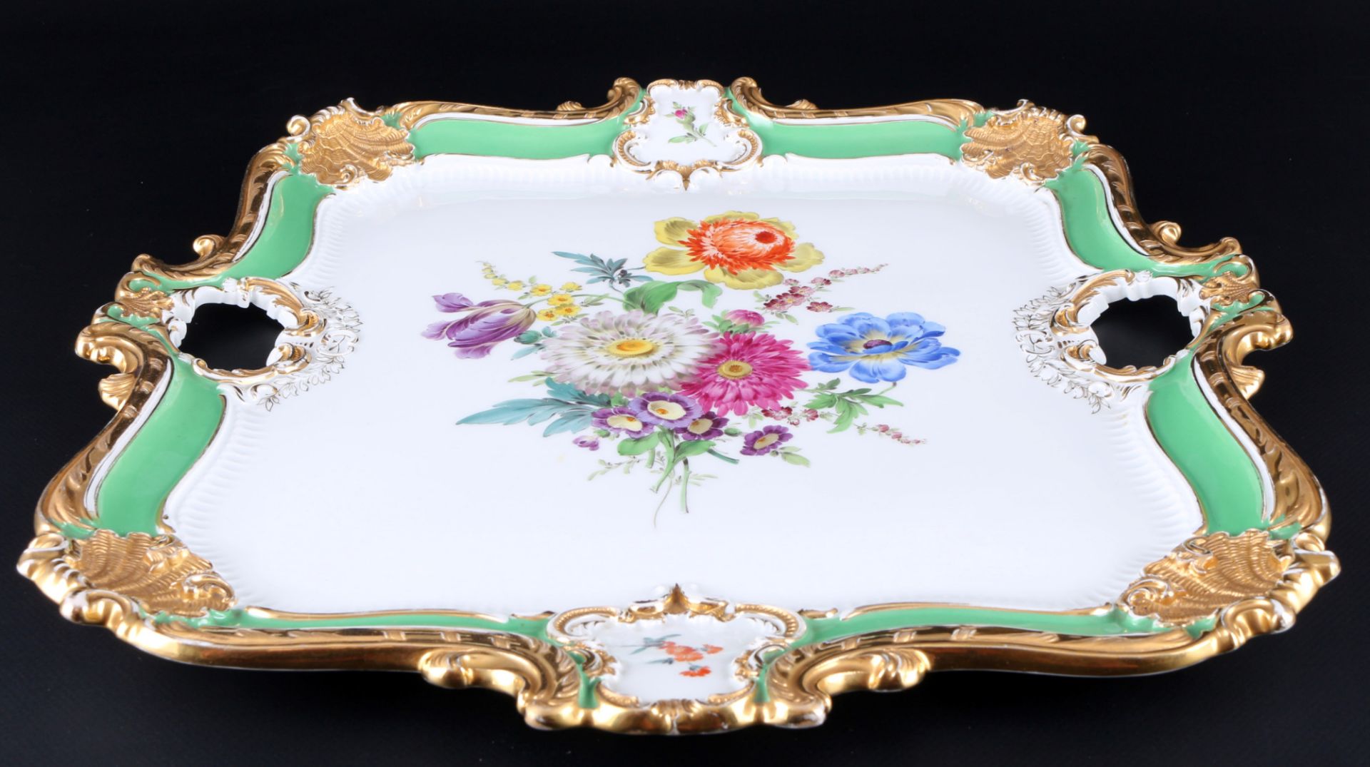 Meissen B-Form Grün Blumenbukett großes Prunktablett 1.Wahl, large splendor tray 1st choice, - Bild 2 aus 4