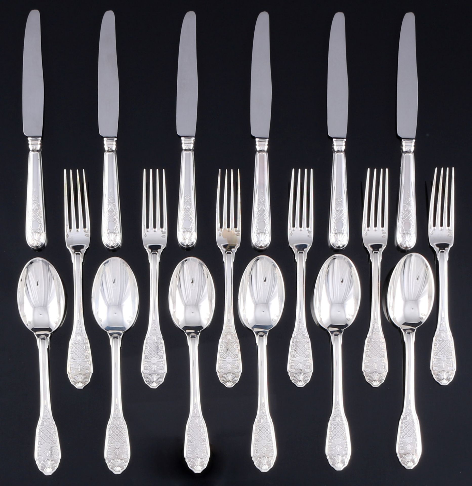 Christofle Cardeilhac Royal Cisele 925 Silber Besteck für 6 Personen, sterling silver cutlery for 6 