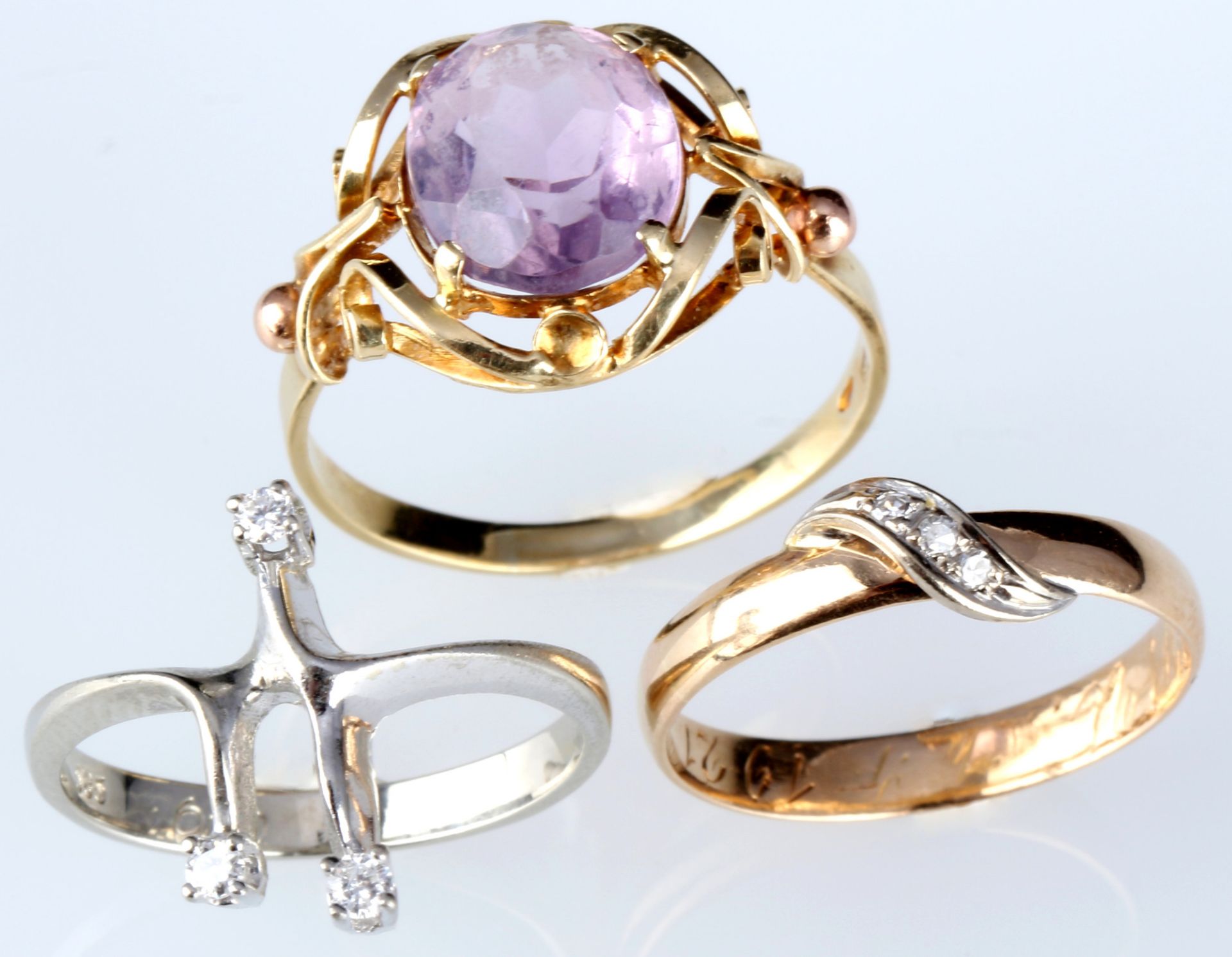 585 Gold 3 Ringe mit Diamanten und Amethyst, 14K gold rings with diamonds and amethyst,