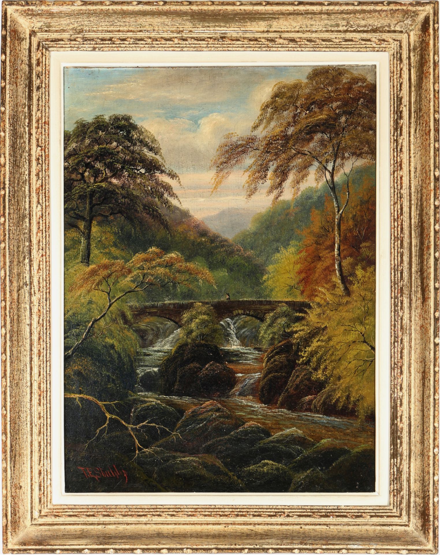 T.E. Stubbs Maler des 19. Jahrhunderts Waldlandschaft mit Blick auf Brücke, 19th century painter for - Bild 2 aus 4