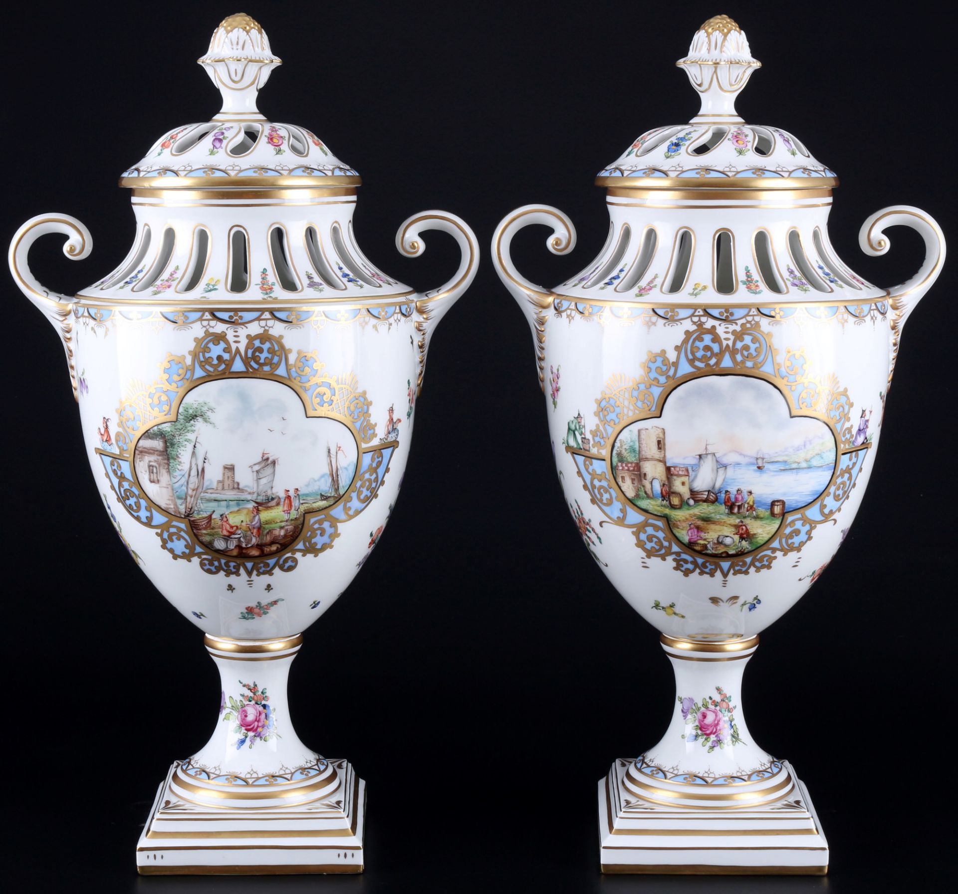 Potschappel Dresden pair of lidded potpourri vases with merchant shipping scenery, Paar Potpourri Va