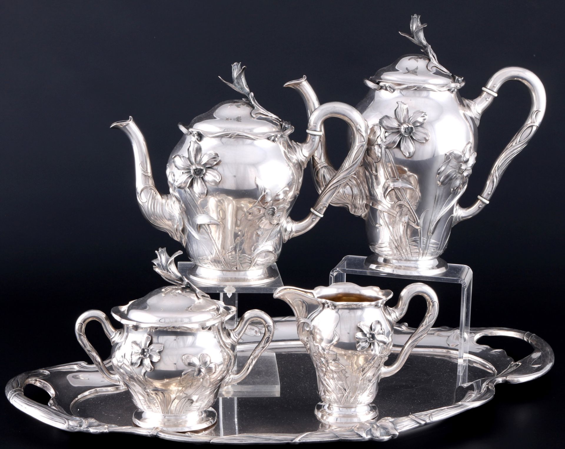 Bruckmann 800 silver coffee tea set art nouveau, Silber Tee- und Kaffeekern Jugendstil,