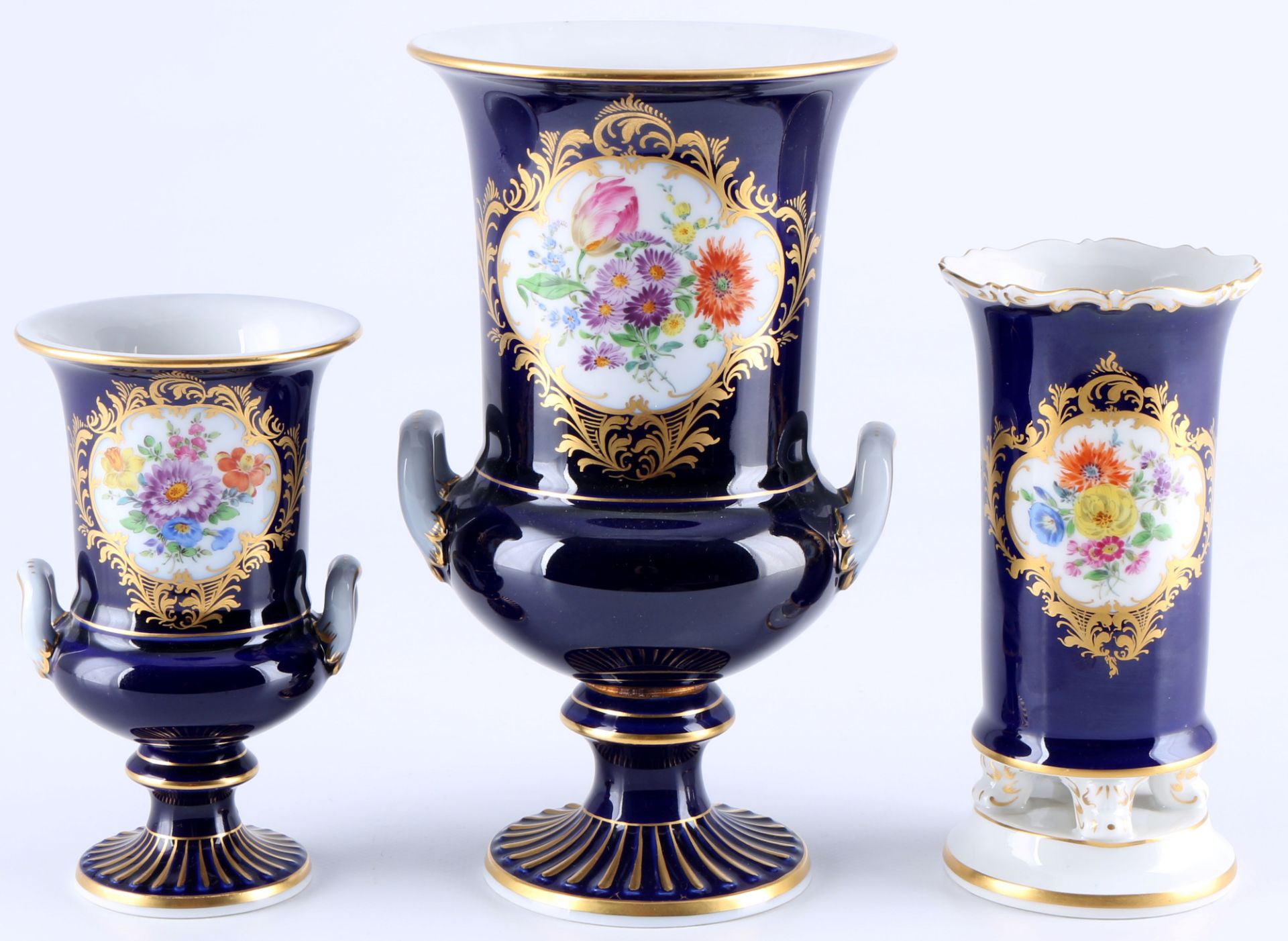 Meissen Blumenbukett kobaltblau 3 Prunkvasen, splendor vases royal blue,