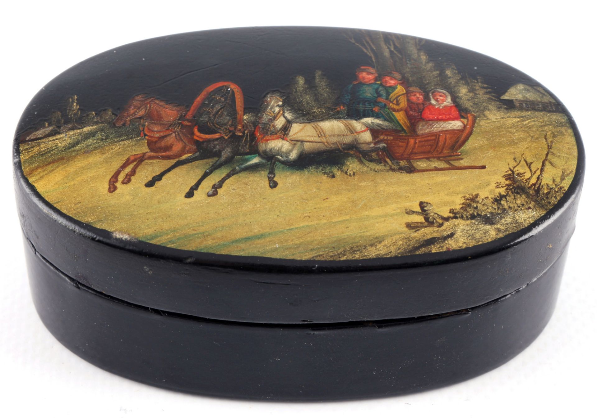 Russia around 1900 lacquered box with troika, Russland Lackdose um 1900 mit Troika,
