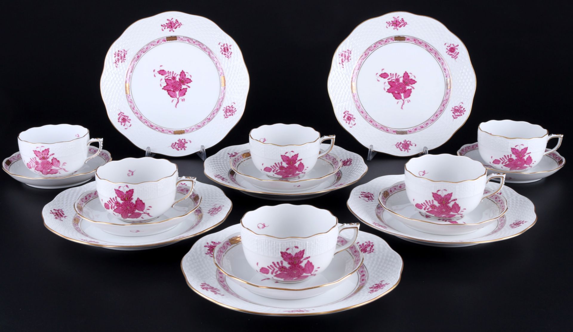 Herend Apponyi Purple 6 tea cups with dessert plates, Teegedecke,