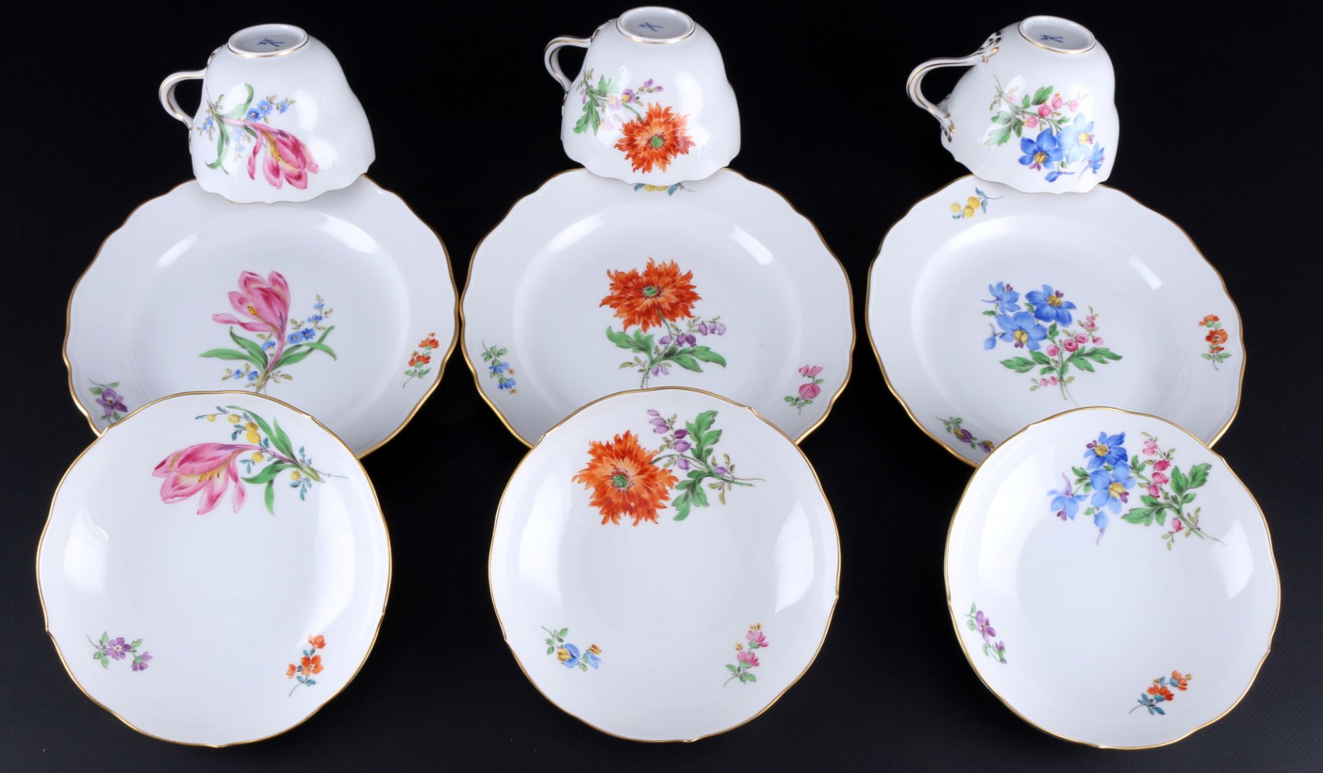 Meissen Flowers 6 coffee cups with dessert plates, Kaffeegedecke, - Image 3 of 4