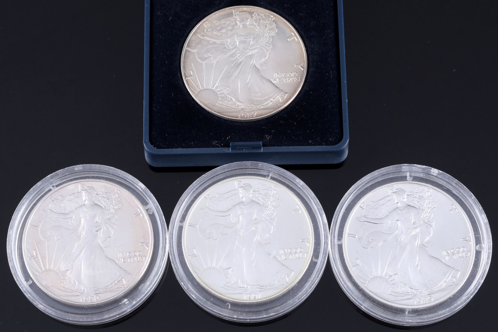 4 silver coins - One Liberty Dollar 1987-1991, Silber Münzen Dollar,