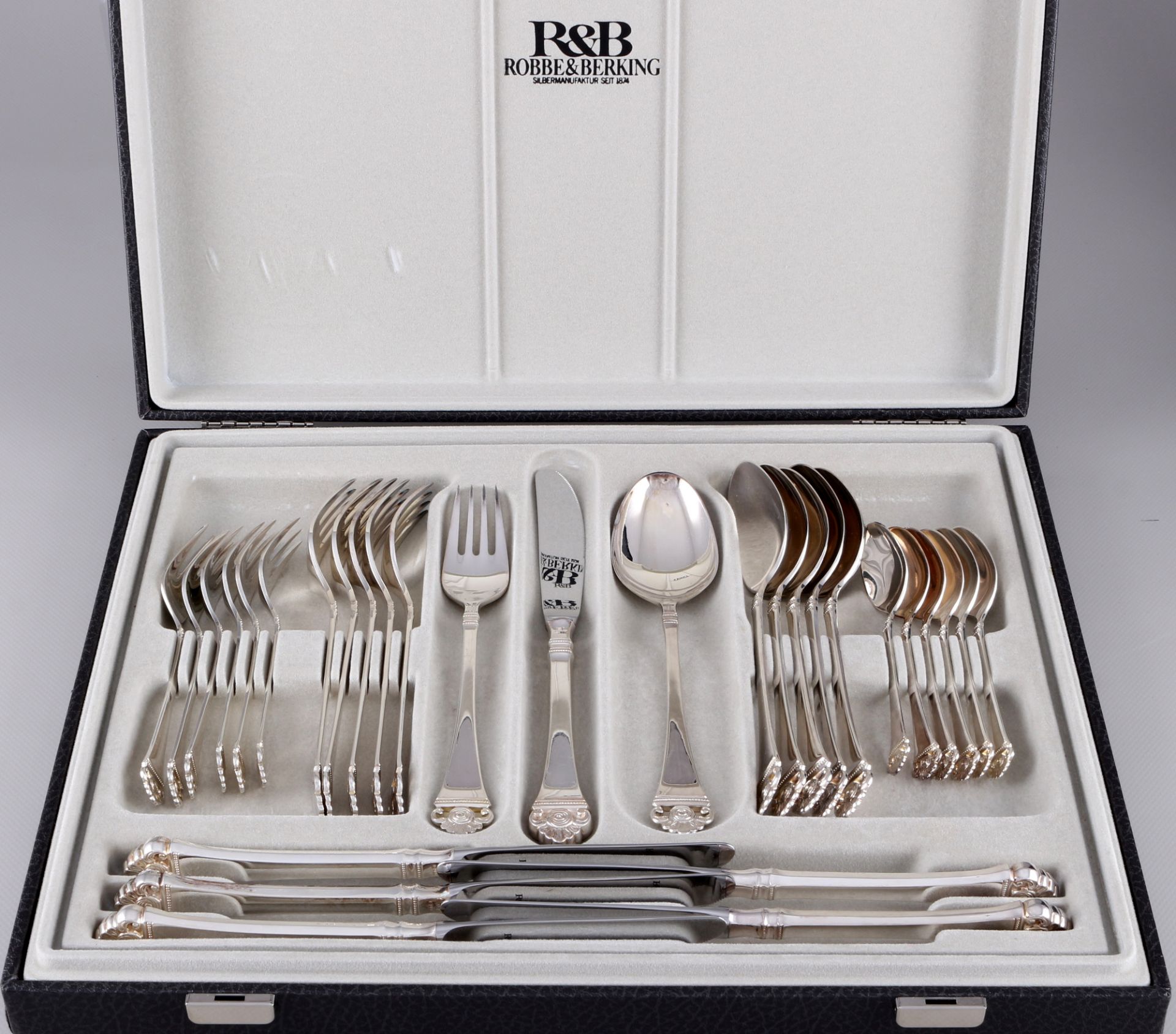 Robbe und Berking Rosenmuster 800 Silber umfangreiches Menübesteck für 9 Personen, silver cutlery fo - Bild 2 aus 9