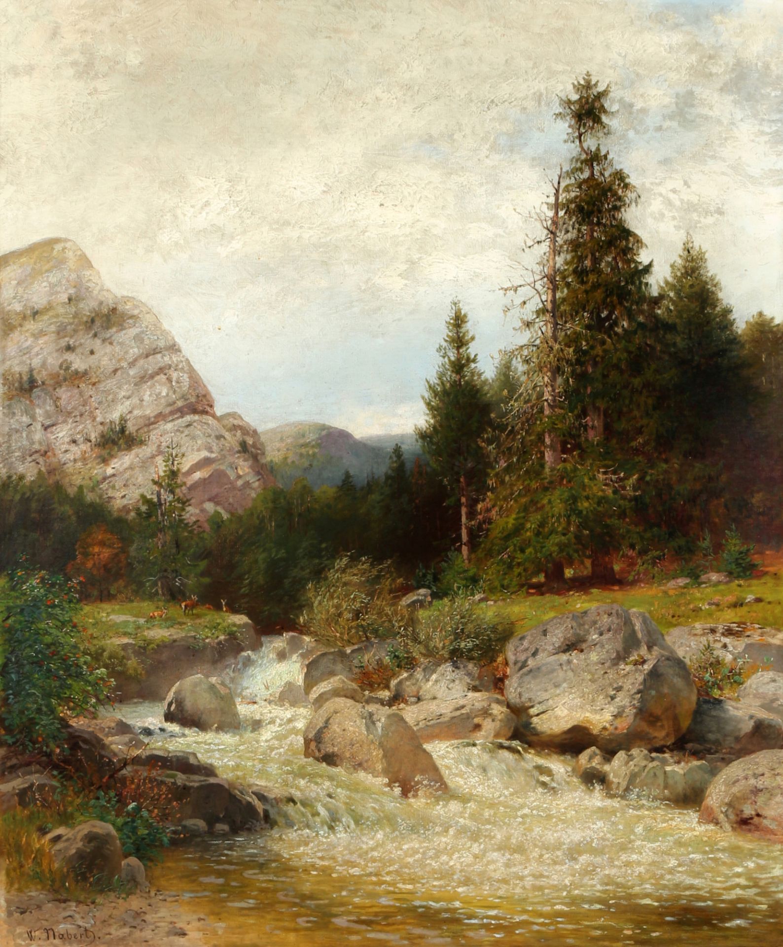 Wilhelm J. August Nabert (1830-1904) huge painting - forest landscape with wild stream, Waldlandscha