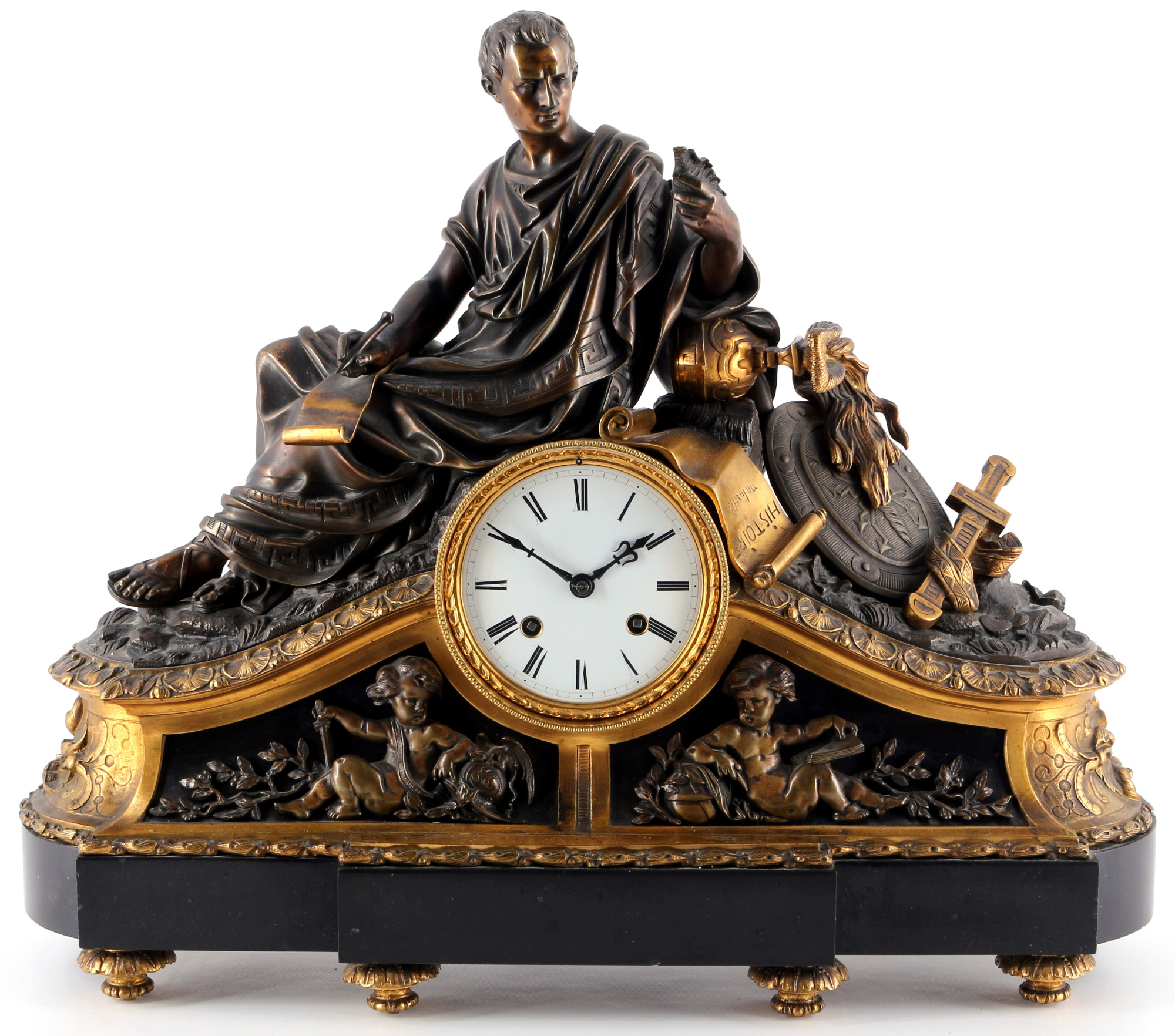 French bronze mantel clock, caesar, 19th century, Bronze Kaminuhr Frankreich 19. Jahrhundert,