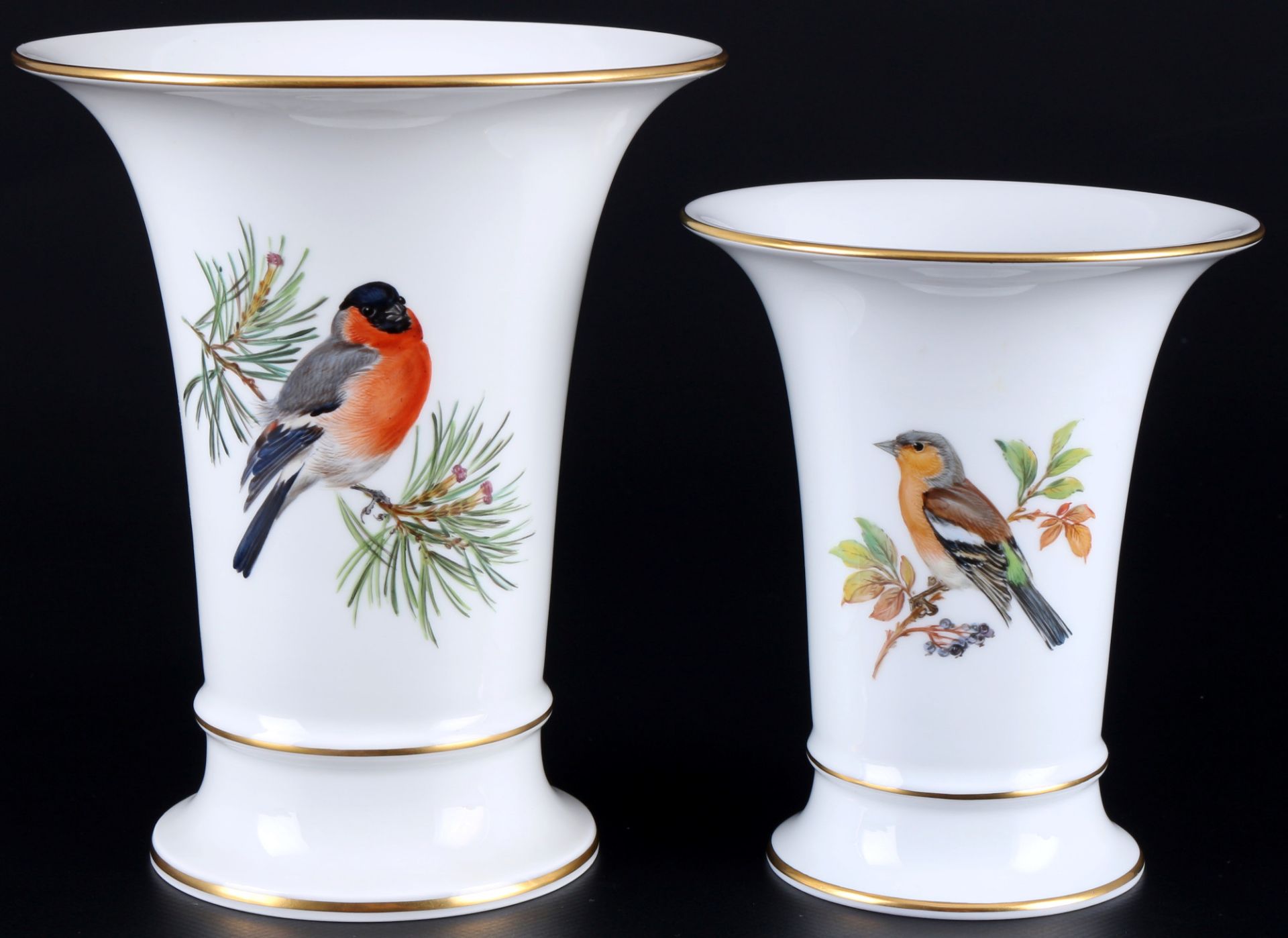 Meissen Vogelmalerei 2 Trompetenvasen 1.Wahl, trumpet vases 1st choice,