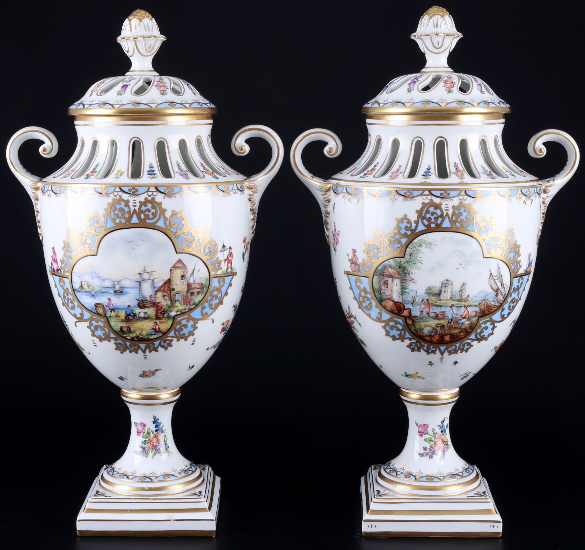 Potschappel Dresden pair of lidded potpourri vases with merchant shipping scenery, Paar Potpourri Va - Image 4 of 5