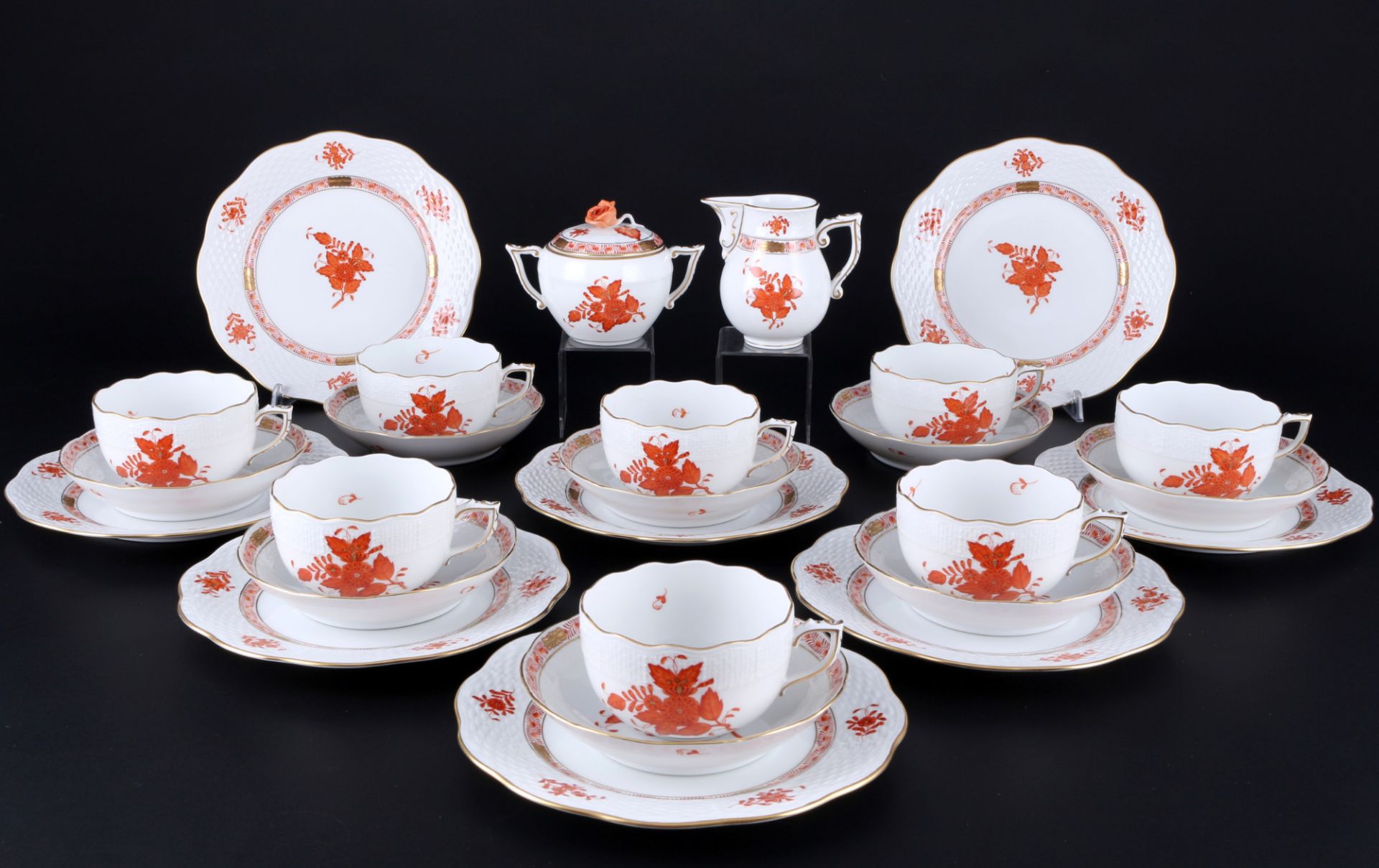 Herend Apponyi Orange 8 tea cups and plates with milk pot and sugar box, Teegedecke mit Milchkanne u