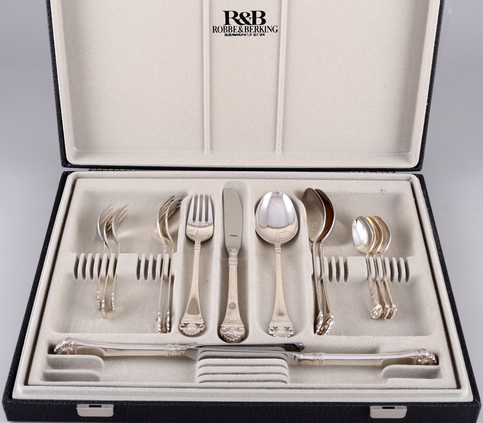 Robbe und Berking Rosenmuster 800 Silber umfangreiches Menübesteck für 9 Personen, silver cutlery fo - Bild 3 aus 9