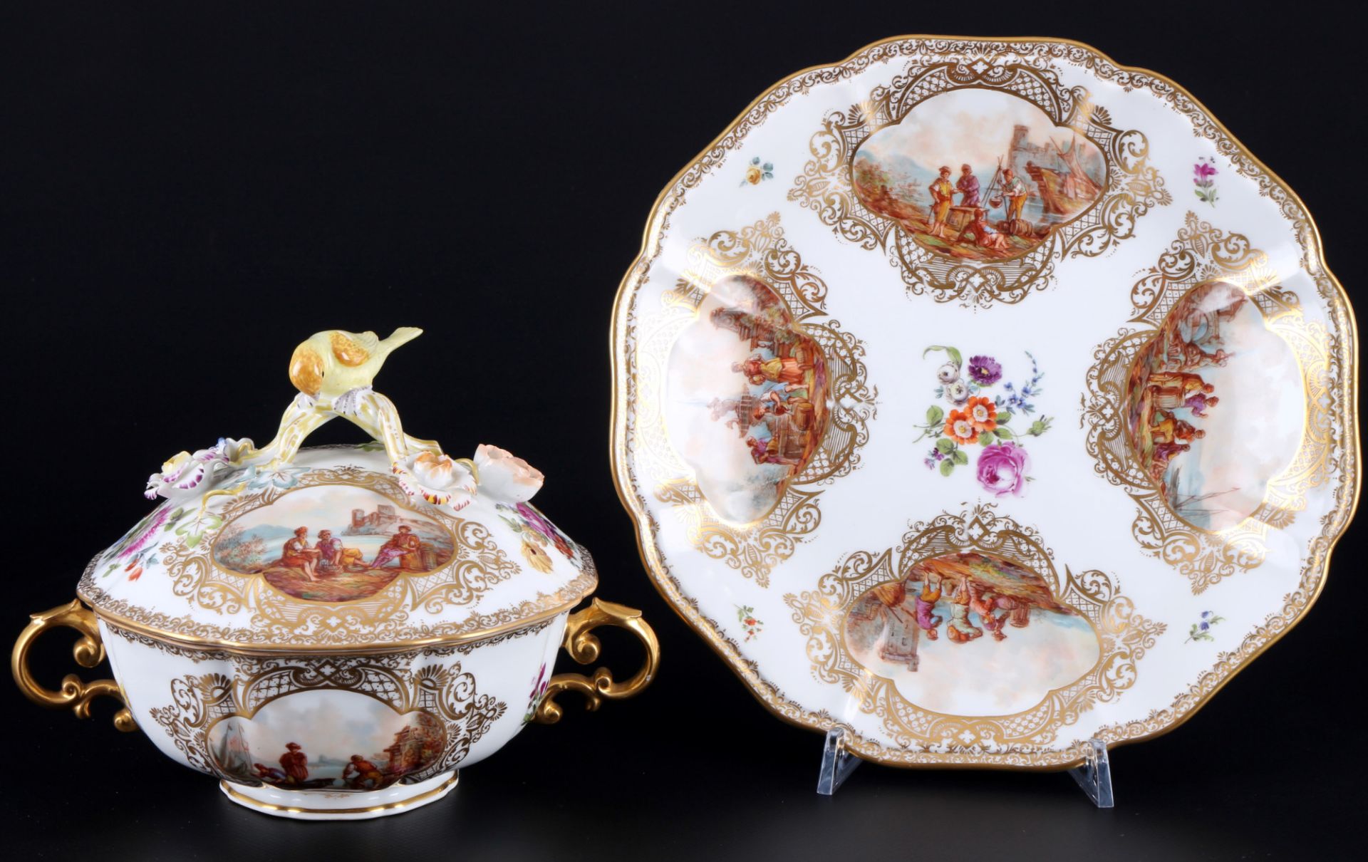 Augustus Rex Kauffahrtei- und Figurenszenen Deckeltopf mit Schale, lidded tureen with bowl,